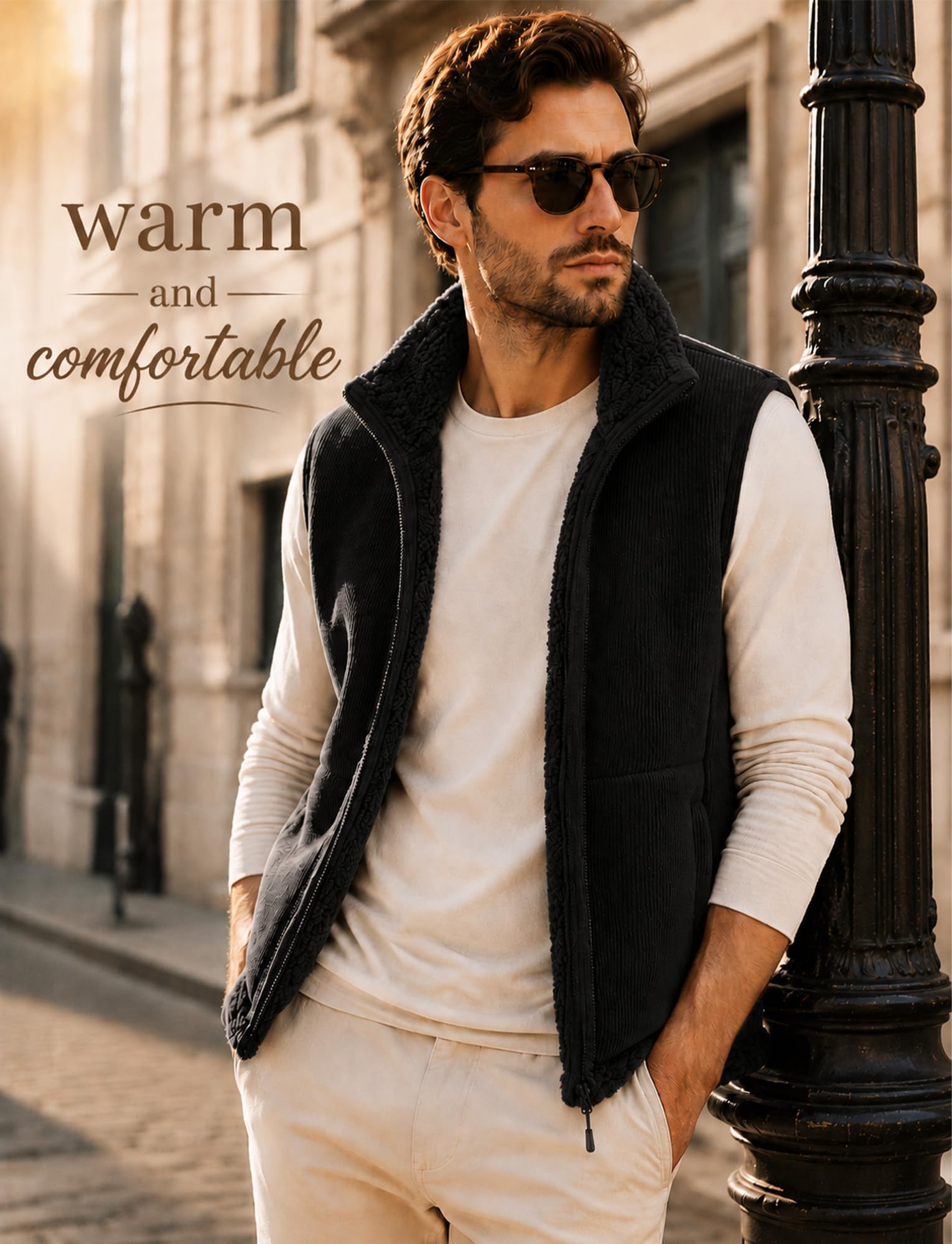 Gilet da uomo in velluto a coste foderato in pile gilet invernale senza