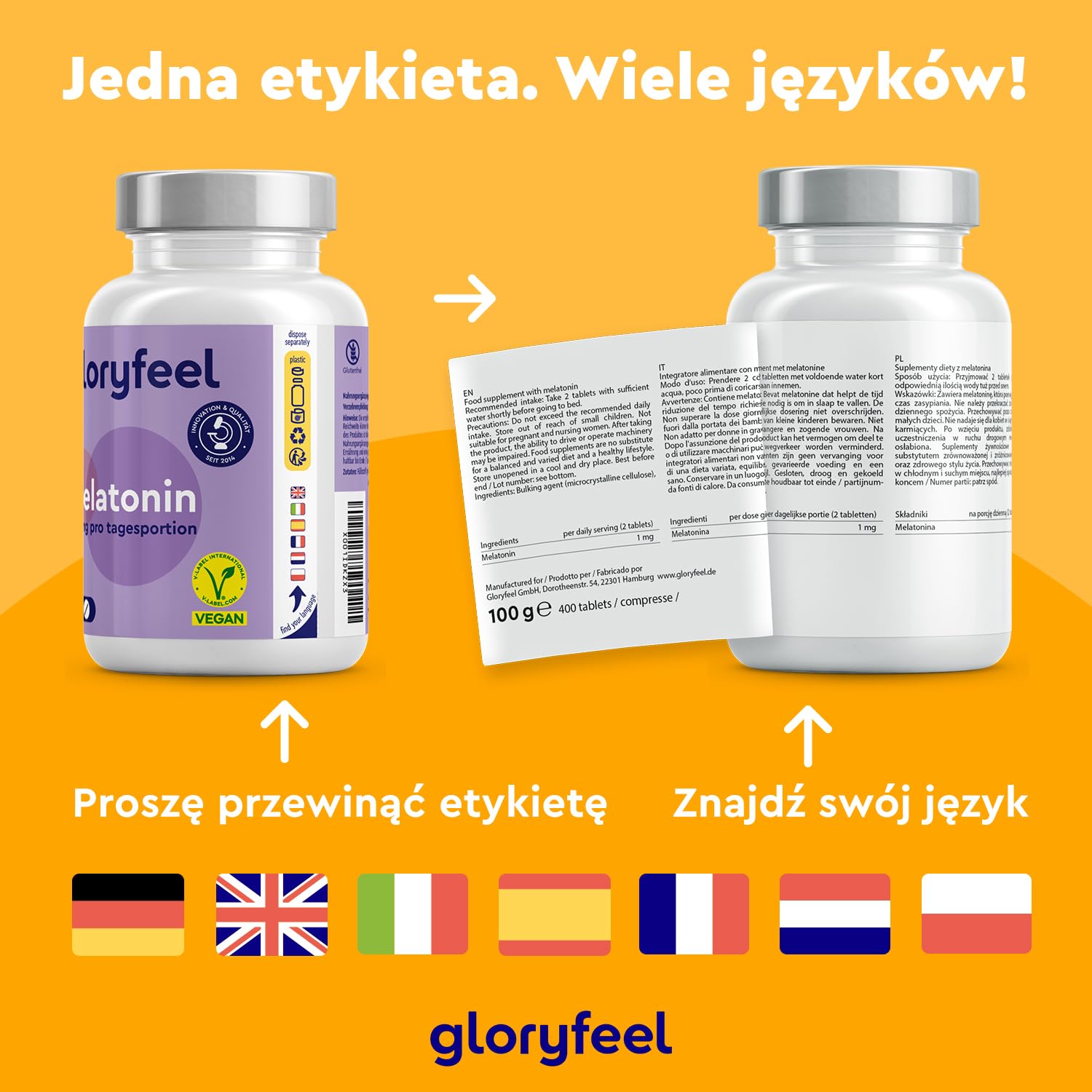 Melatonina - Wysoka dawka - 400 tabletek (13 miesięcy) - 0,5 mg bioaktywnej melatoniny na dzienną dawkę - 100% wegańska - Testowane laboratoryjnie - Wyprodukowano w DE bez niepotrzebnych dodatków