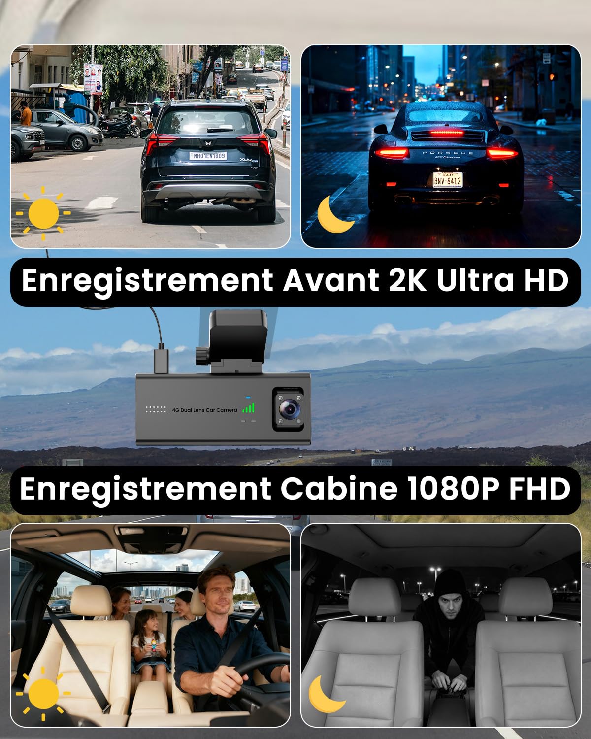 Dashcam Voiture 4G LTE avec Carte SIM, Accès à Distance par App