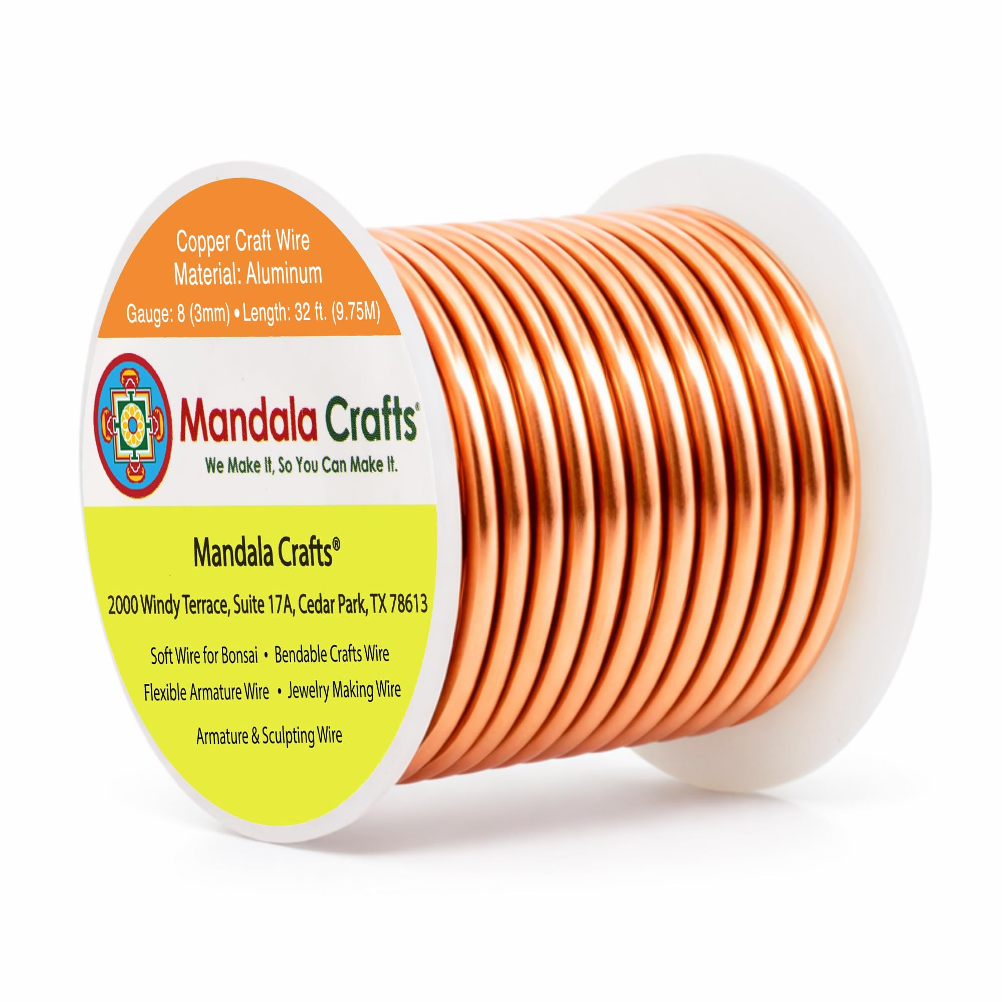 Mandala Crafts 8 Gauge Anodized Aluminum Craft Wire for Jewelry Making - 32 FT Colored Flexible Copper Tone Wire - Bendable for Bonsai Armature Crafting Sculpting