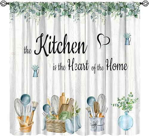 Cortinas rústicas de cocina de granja, hojas verdes florales de primavera, cortinas retro de tablones de madera campestre para dormitorio, comedor,