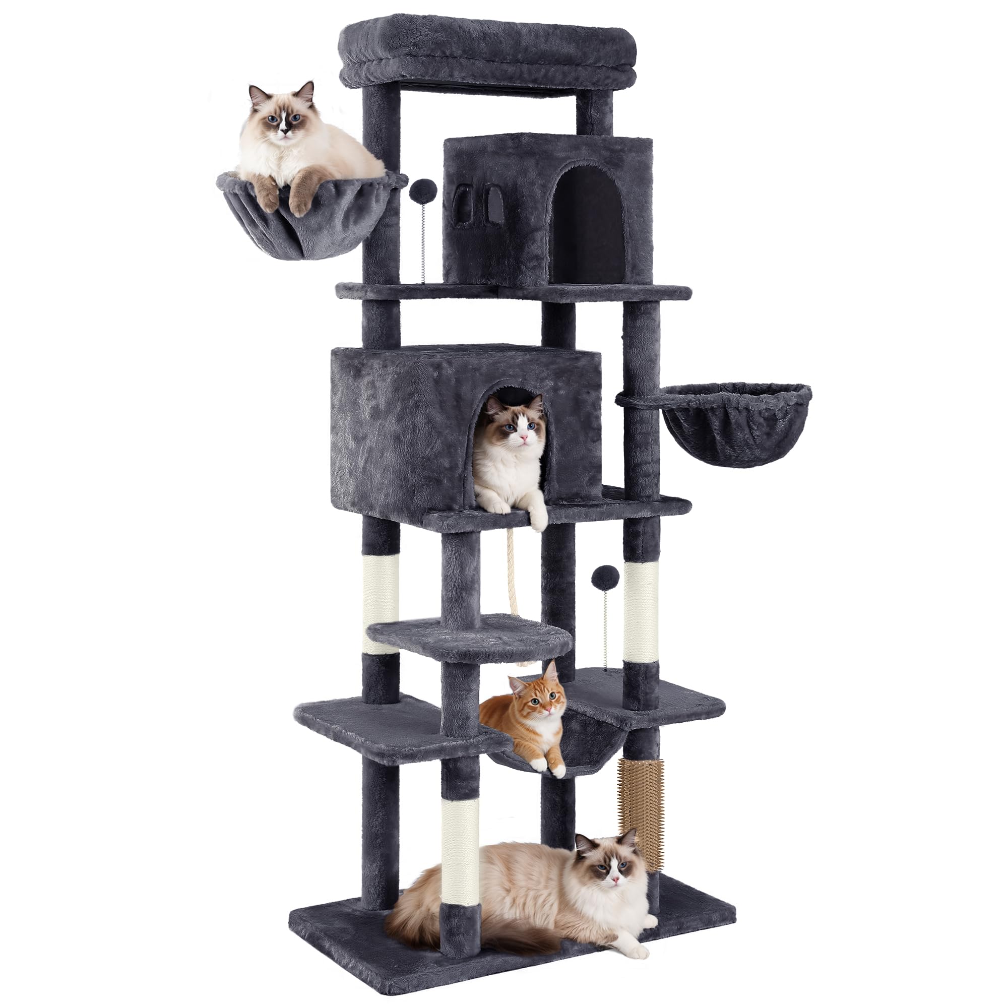 YITAHOME Large Cats Tree Tower, Height 176 cm, XL Cat Tree, Multi-Tier Cat Scratching Post with 2 Caves, 2 Baskets, Hammock, Plush Balls, Cat Brushes, Dark Grey