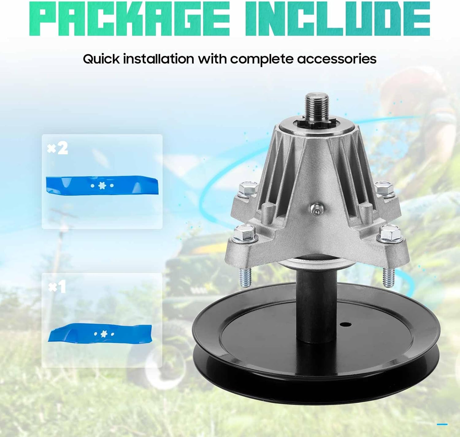 46 inch Deck Blade Spindle Belt Rebuild Kit for MTD White Huskee Yard Machines LT946G LT546G 4600H LX460 LX465 LX466, Spindle 918-0240 918-04134, Blade 942-04124 942-04125, 1/2" x 79" Belt 954-0349