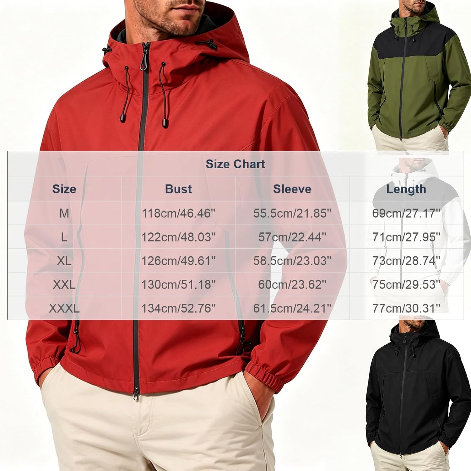 Men Color Block Rain Jacket Long Sleeve Hooded Zip aterproof Coat Windbreaker Outdoor Hiking Outerwear with Pockets