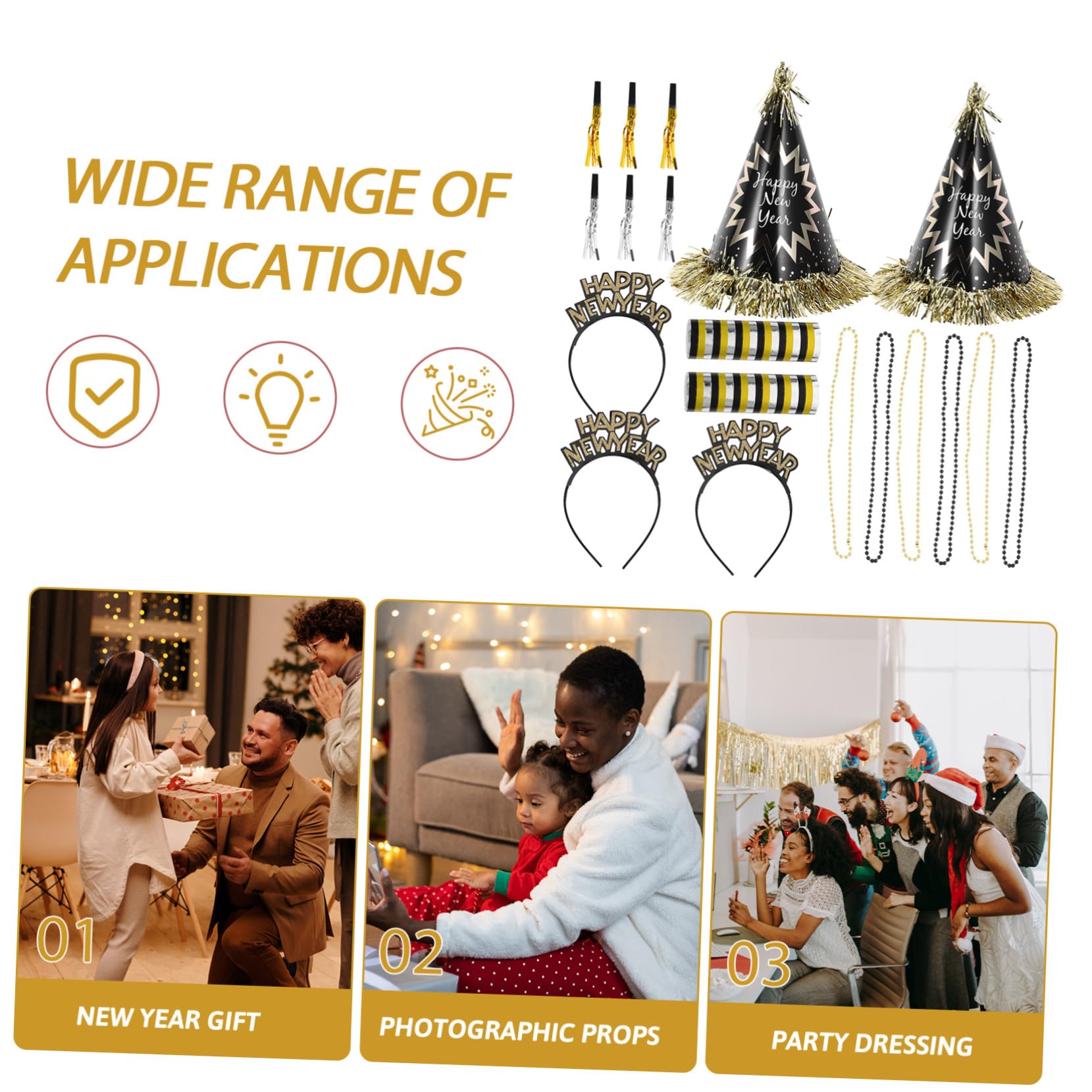 Neujahrs-partyset Beutel mit Schwarzen und Goldfarbenen Partyhüten Krachmachern Perlenketten und Stirnbändern Sichere Materialien Festliche Silvester-deko für Familien und Freunde