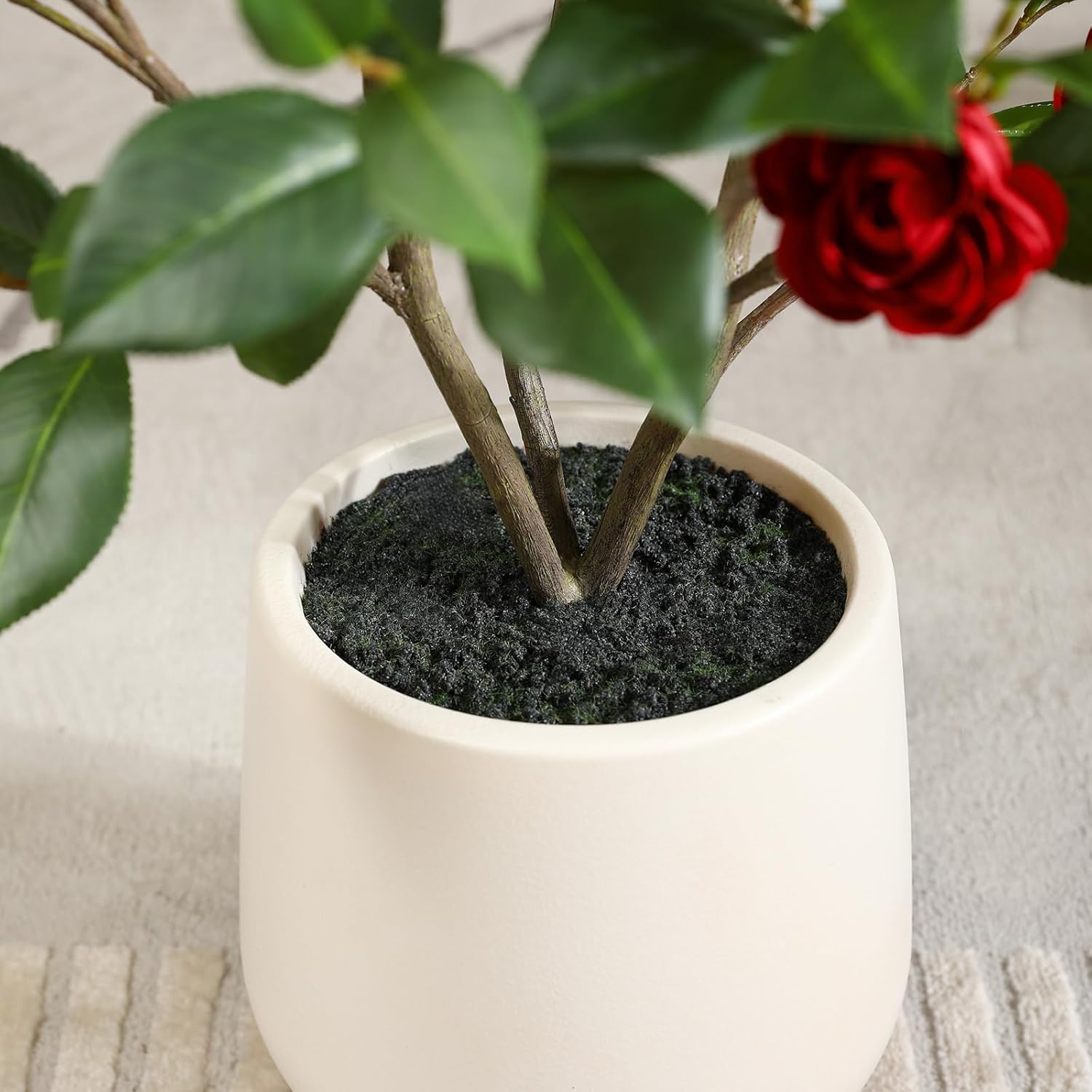 48’’ Artificial Camellia Tree, 2 Pack Faux Silk Flower Plants, Floral Plant Blooming Tree with Planter, Greenery Potted Plant for Indoor Office Home Living Room Decor