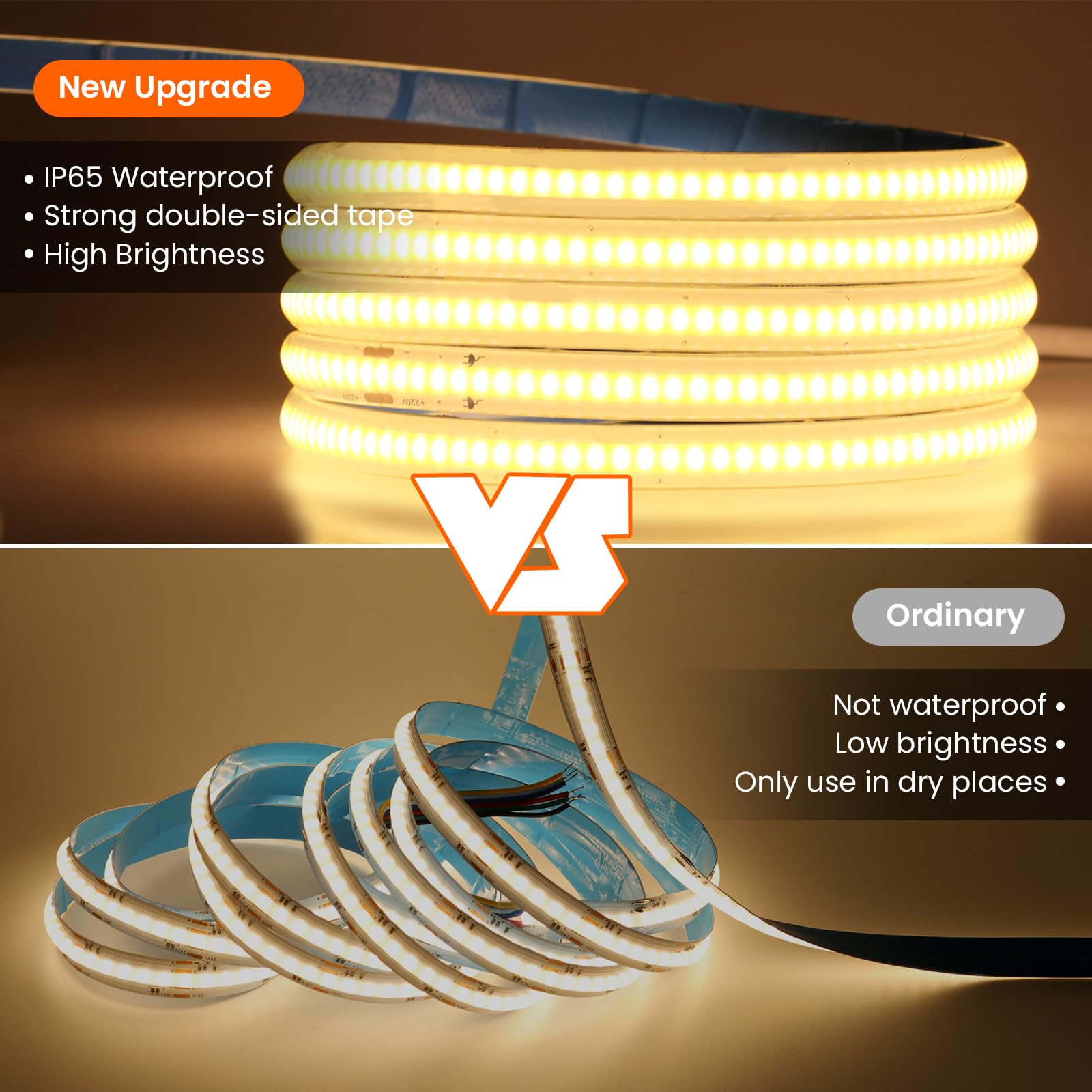 220V COB Bande LED Blanc Chaud 3000K IP67 Etanche Ruban LED Adhesif,288LEDs/M Lumière CRI 93+ Bandeau Lumineux Flexible pour Armoires de Cuisine, Comptoirs, Etagères