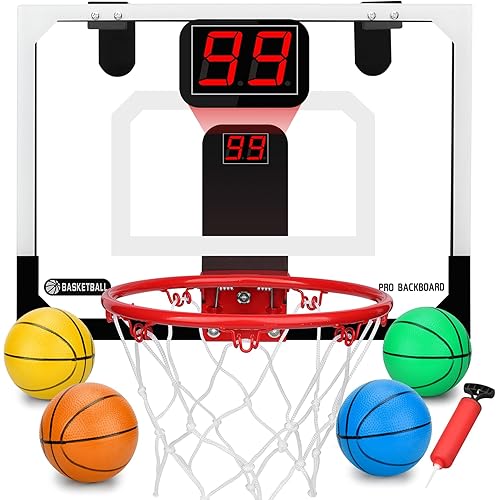 Pro Indoor Mini Basketball Hoop Set for Kids Adults, Over Door Automatic Scoring Basketball Hoop with 4 Rubber 6" Balls, Boost Wall Mount Basketball Hoops with Electronic Scoreboard Large Dunk Rim