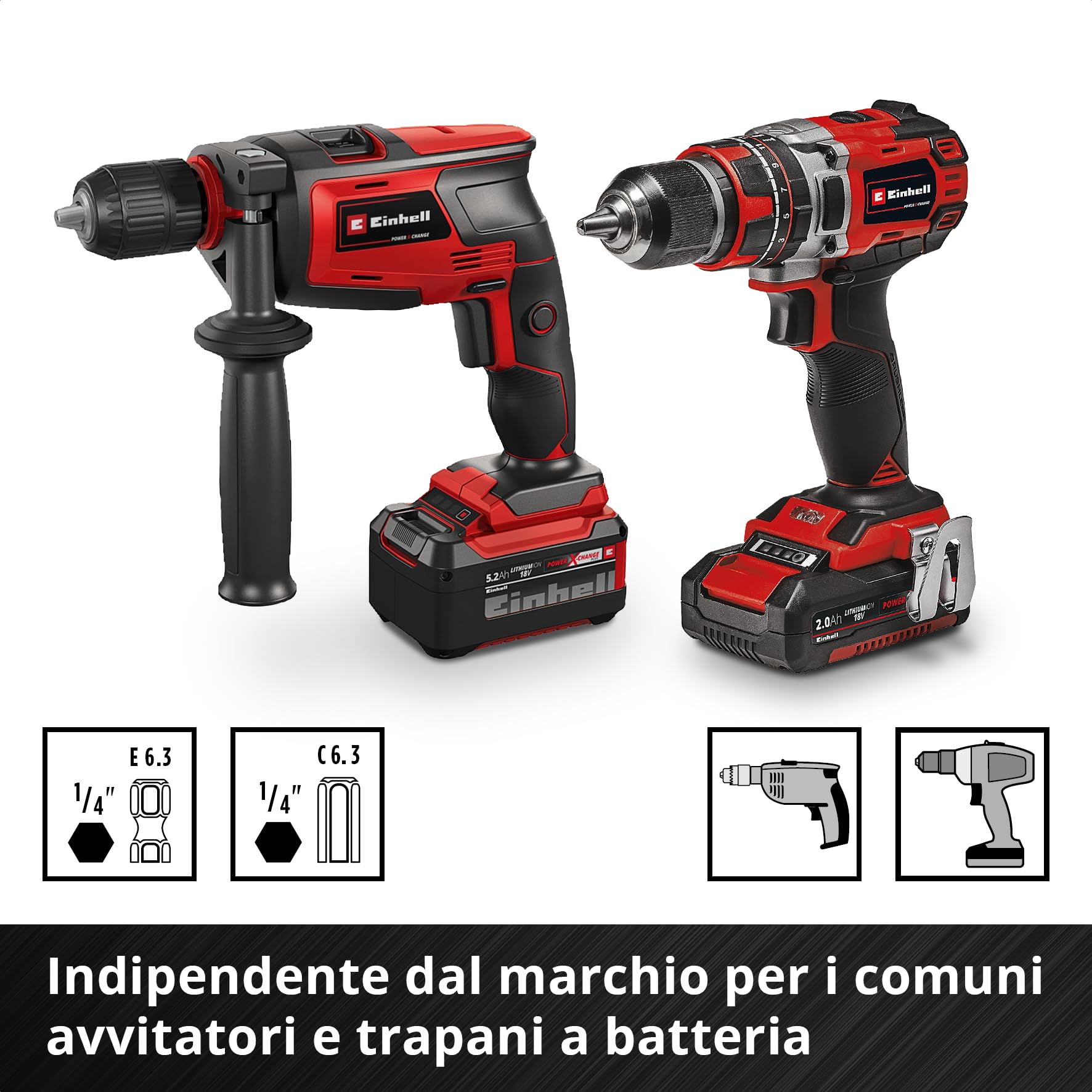 Set di punte per muratura originale Einhell S-CASE da 10 pezzi (secondo DIN 10083-2 in acciaio per utensili, gambo E 6,3, punta in metallo duro, mandrino a rullini, inclusa scatola di custodia)
