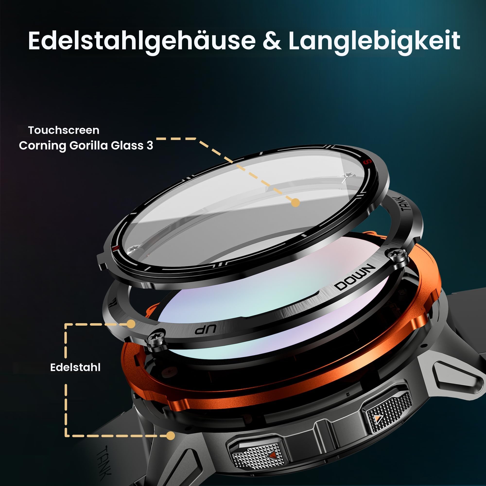 KOSPET TANK T3 Ultra 2 Smartwatch Herren mit GPS,60+ Tage Akku, 1.43" AMOLED, 5ATM Wasserdicht,Bluetooth-Anrufe, KI-Sprachassistent,24/7 Herzfrequenz, Schrittzähler(Schwarz) | Edelstahlgehäuse, 470 mAh, 5 ATM & IP69K, Herzfrequenz/SpO2/Schlafüberwachung,