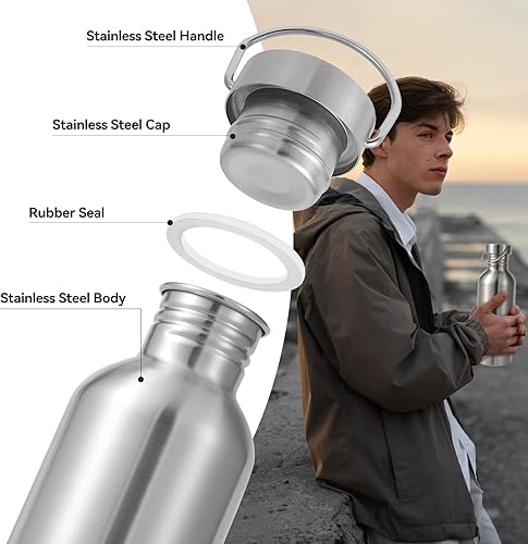 Miniatura 6 de Volhoply Botella de agua de acero inoxidable de 22 onzas con asa, apta para lavavajillas, sin plástico, botellas de agua de metal 188 304 para