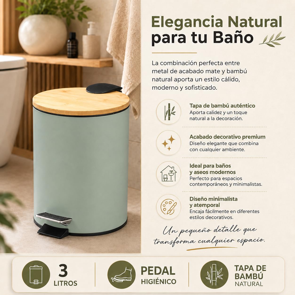 TIENDA EURASIA – Cestino bagno | metallo + coperchio in bambù | capacità 3 l | misure 17 x 21 x 23,5 cm e secchio interno 16,8 x 16,8 x 18,2 | con pedale (verde menta)