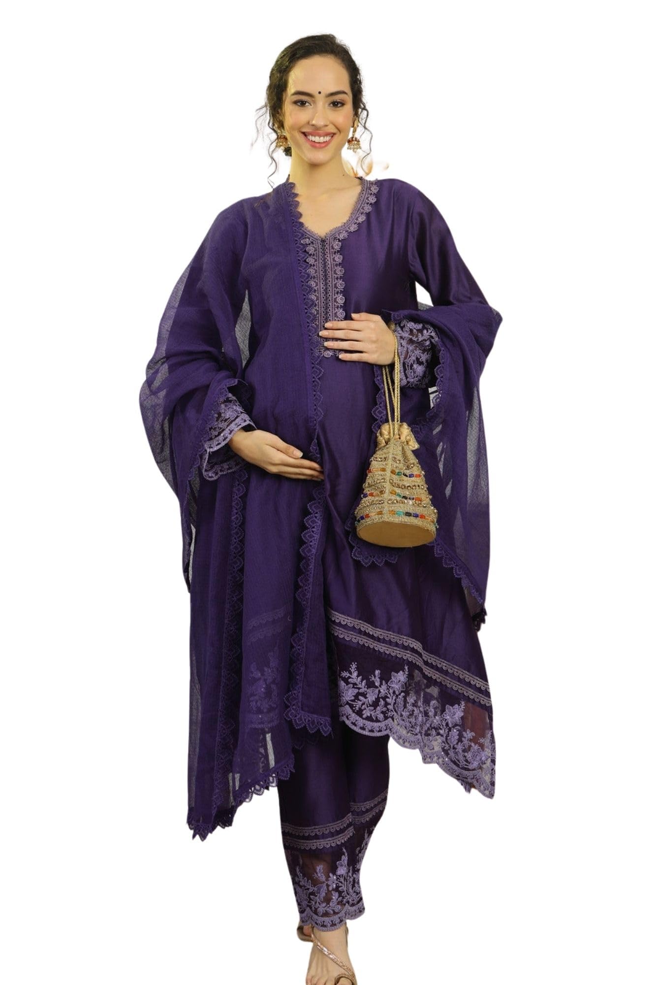 Luxe French Navy Chanderi Maternity & Nursing Kurta Set with Bottom & Dupatta, 3 Piece Feeding Suit-image-22