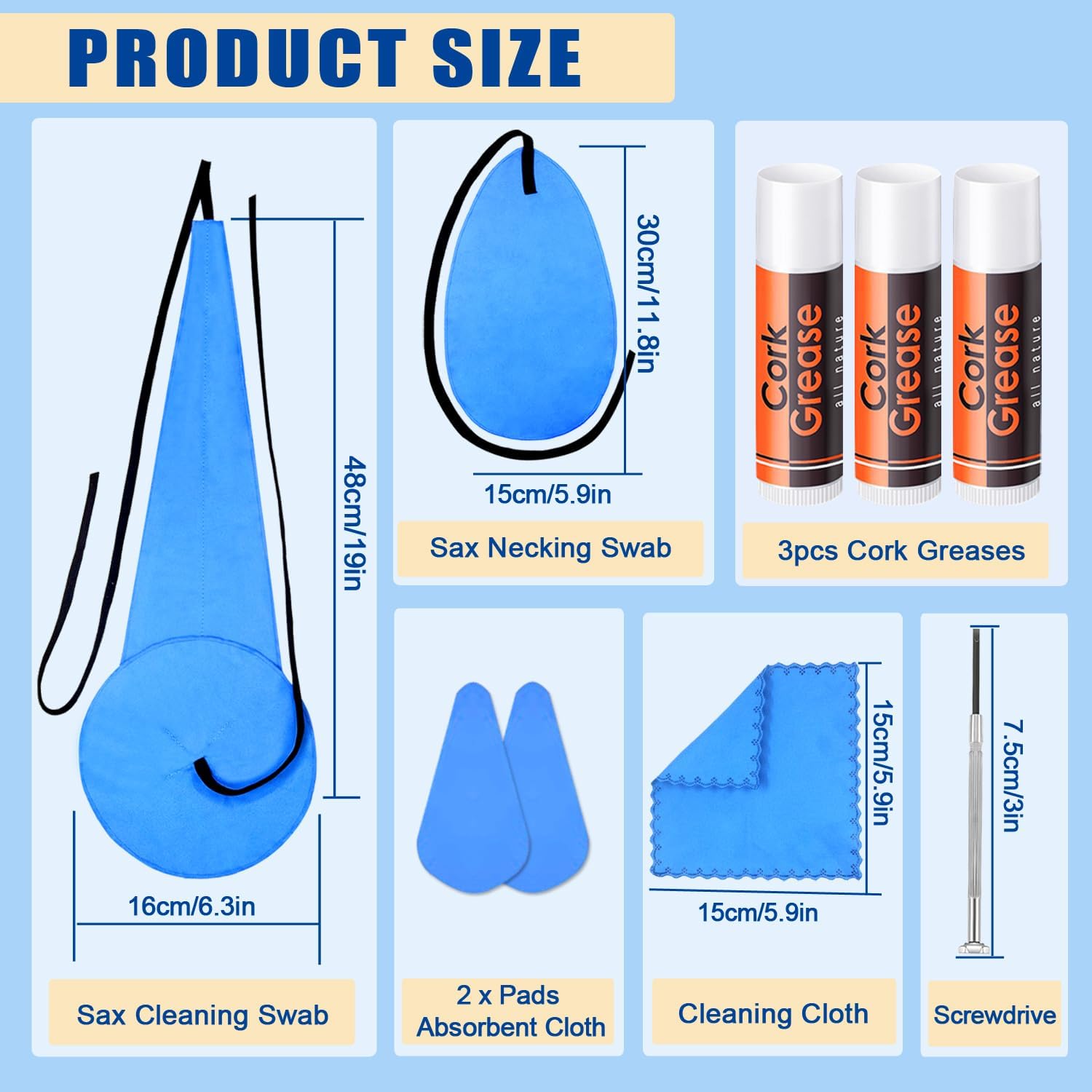 Saxophone Cleaning kit with Case，Clarinet Flute Cleanser Maintenance Kit with Cork Grease,Swab,Cleaning Cloth,Thumb Rest,Reed Case,Mouthpiece Brush and More Workable for Wind & Woodwind Struments