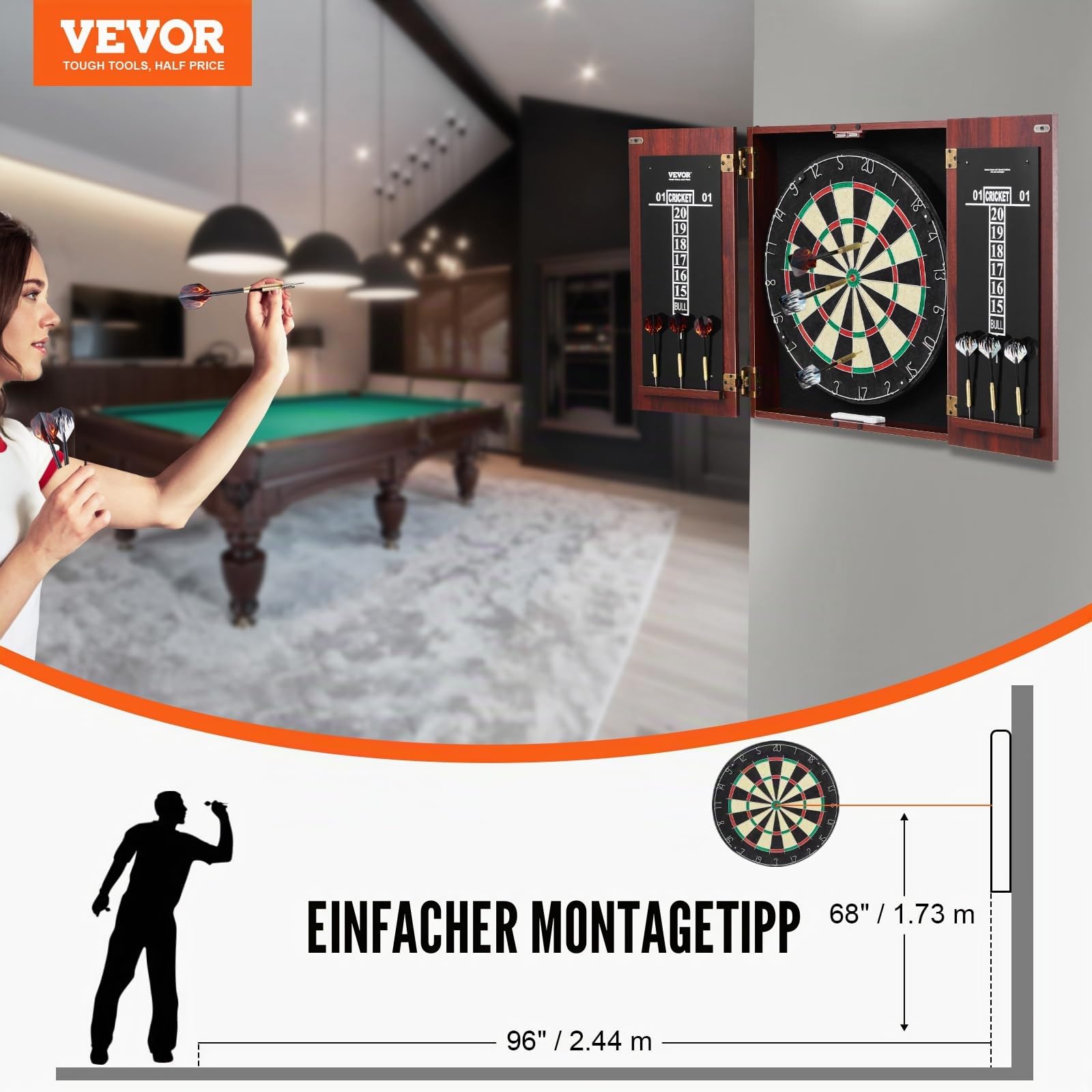 VEVOR Dartboard- und Schrankset Dartboard-Schrank in offizieller Größe, Dartscheibe 45 x 3,8 cm versteckbarer Dartschrank mit Stahlspitzen, komplett mit sämtlichem Zubehör, für Cricket-Spiele