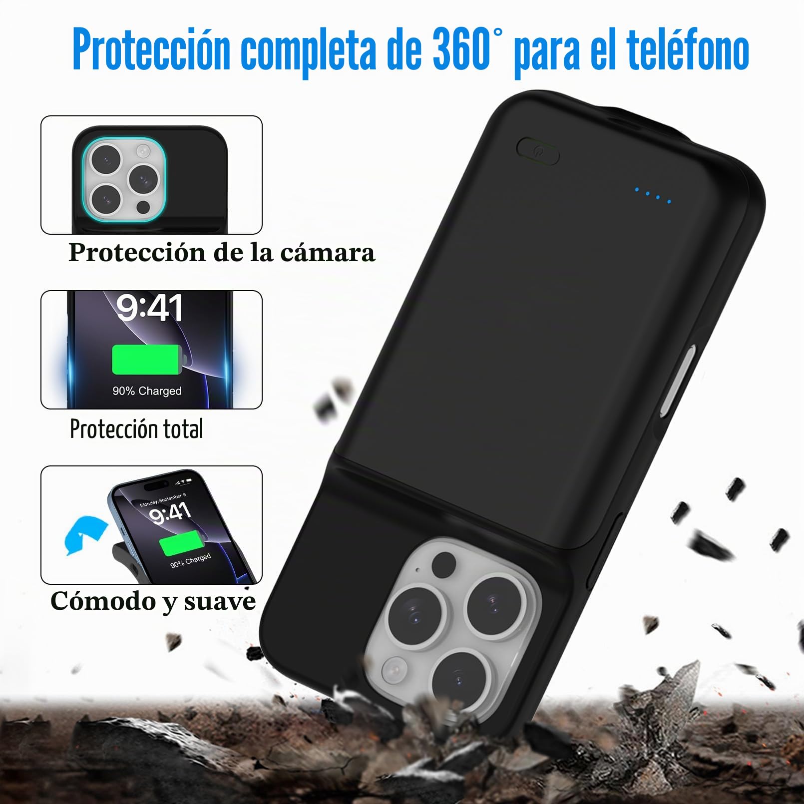 Funda de batería para iPhone 16 Pro (6.3 pulgadas), 7000 mAh, ultradelgada, 15 W, cargador rápido portátil, protección de 360°, batería extendida recargable para iPhone 16 Pro, color negro