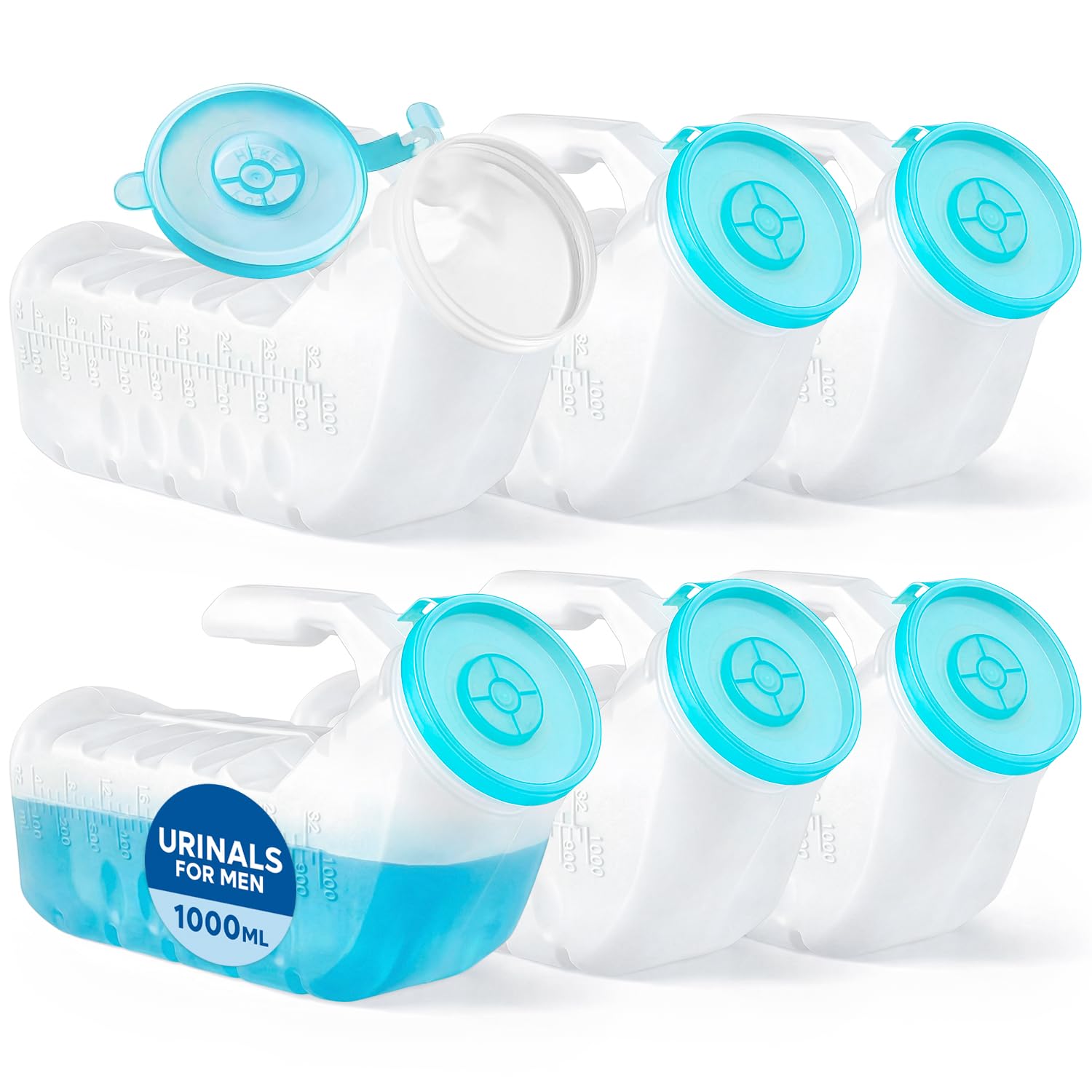 Urinals for Men with Glow-in-the-Dark Cover (1000ml/32oz) – 6 Pack Portable Reusable Urinal Bottles with Spill-Proof Cap – Bedside Pee Bottles for Seniors, Hospital, Travel & Car
