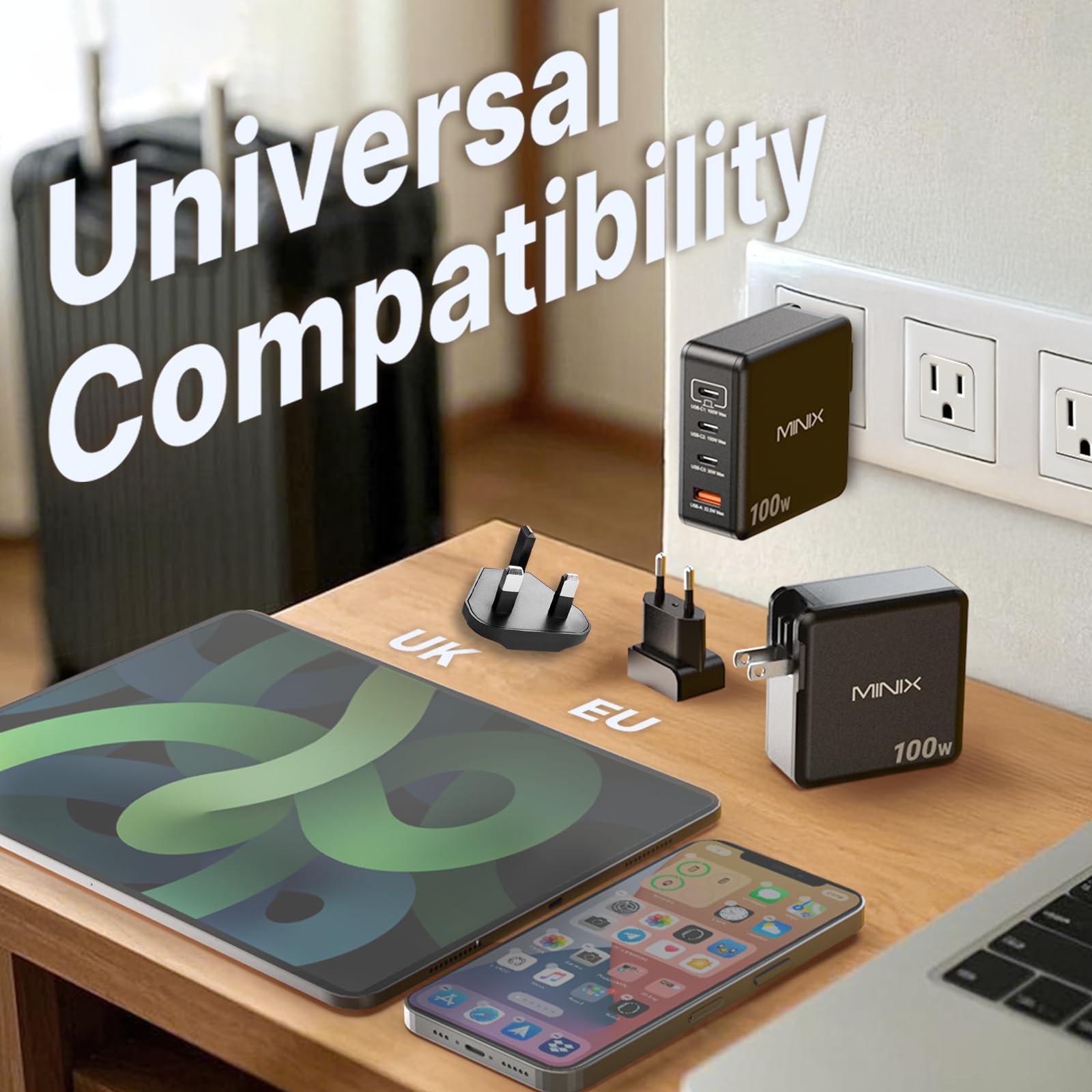 MINIX USB C ladegerät 100W, 4-Port USB-A/C Foldable Fast PPS Gan Charger (Max 100W/30W/22.5W), Compatible with MacBook Pro/Air, iPad, iPhone 15/16 Pro, Galaxy S24, and More for Home, Traveling
