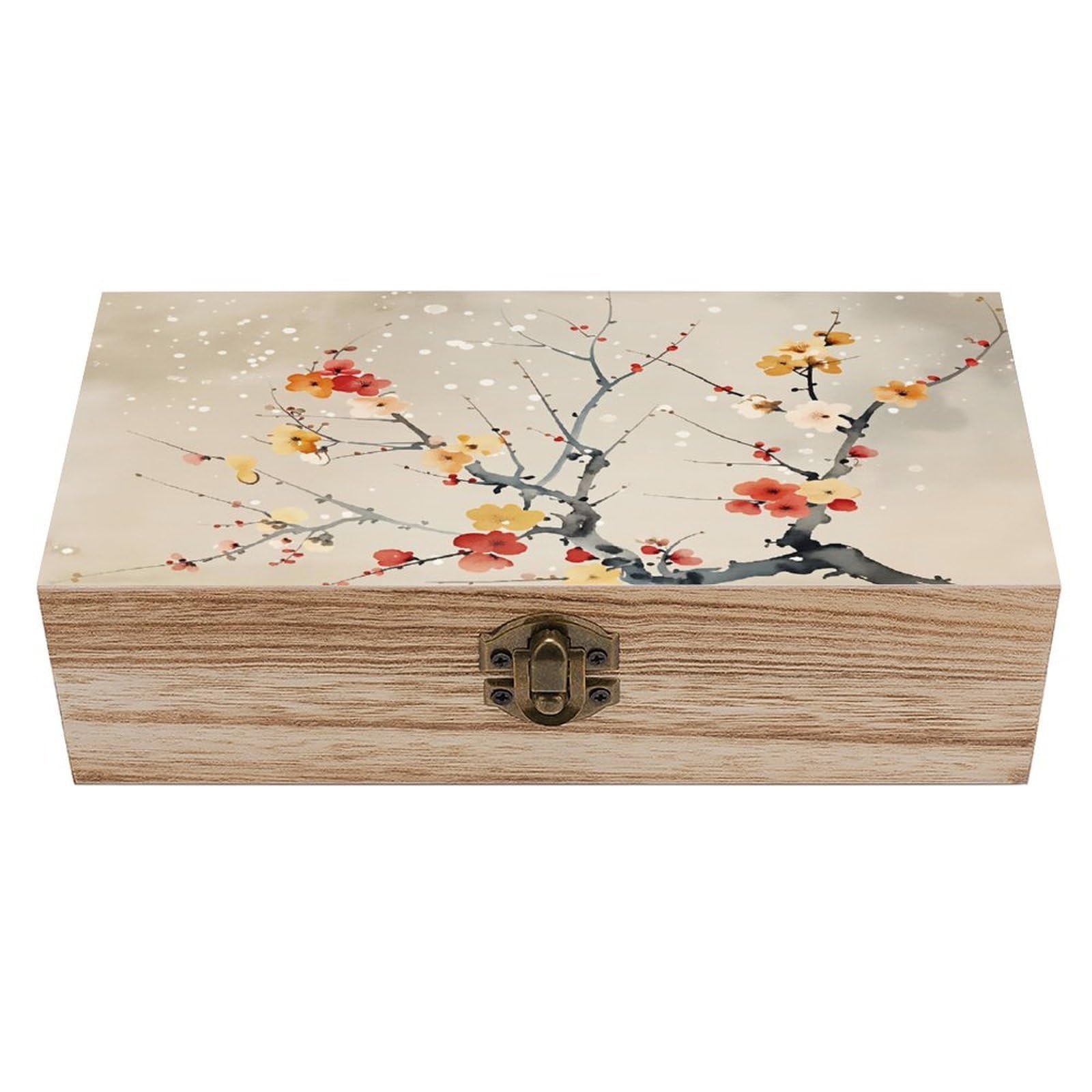 Cherry Blossom Branches With Colorful Flowers And Snowflakes Vintage Wooden Keepsake Box with Hinged Lid And Locking Clasp, Decorative Storage Box for Jewelry, Trinkets And Small Accessories, Organize
