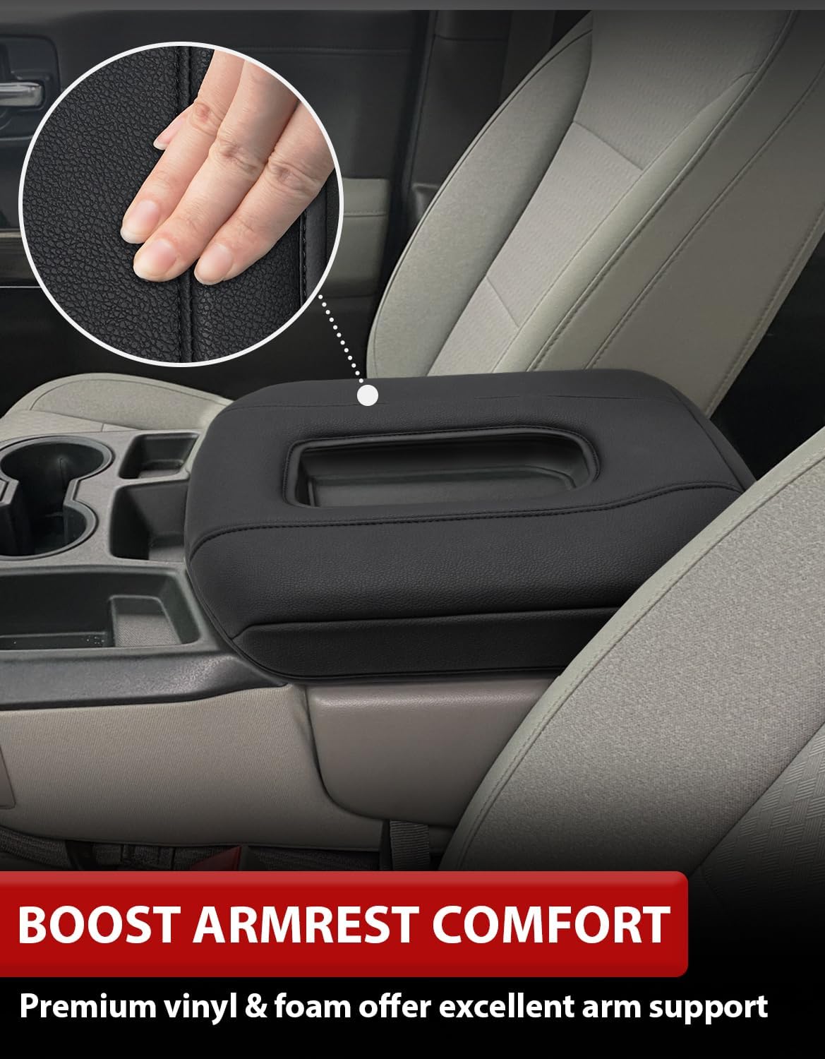 Center Console Armrest Cover for GMC Sierra & Chevy Silverado 2019-2026, 40/20/40 Jump Seat, Middle Console Lid Protector, Midlle-cut, Vinyl Leather Accessories, Anti-scratch, Black