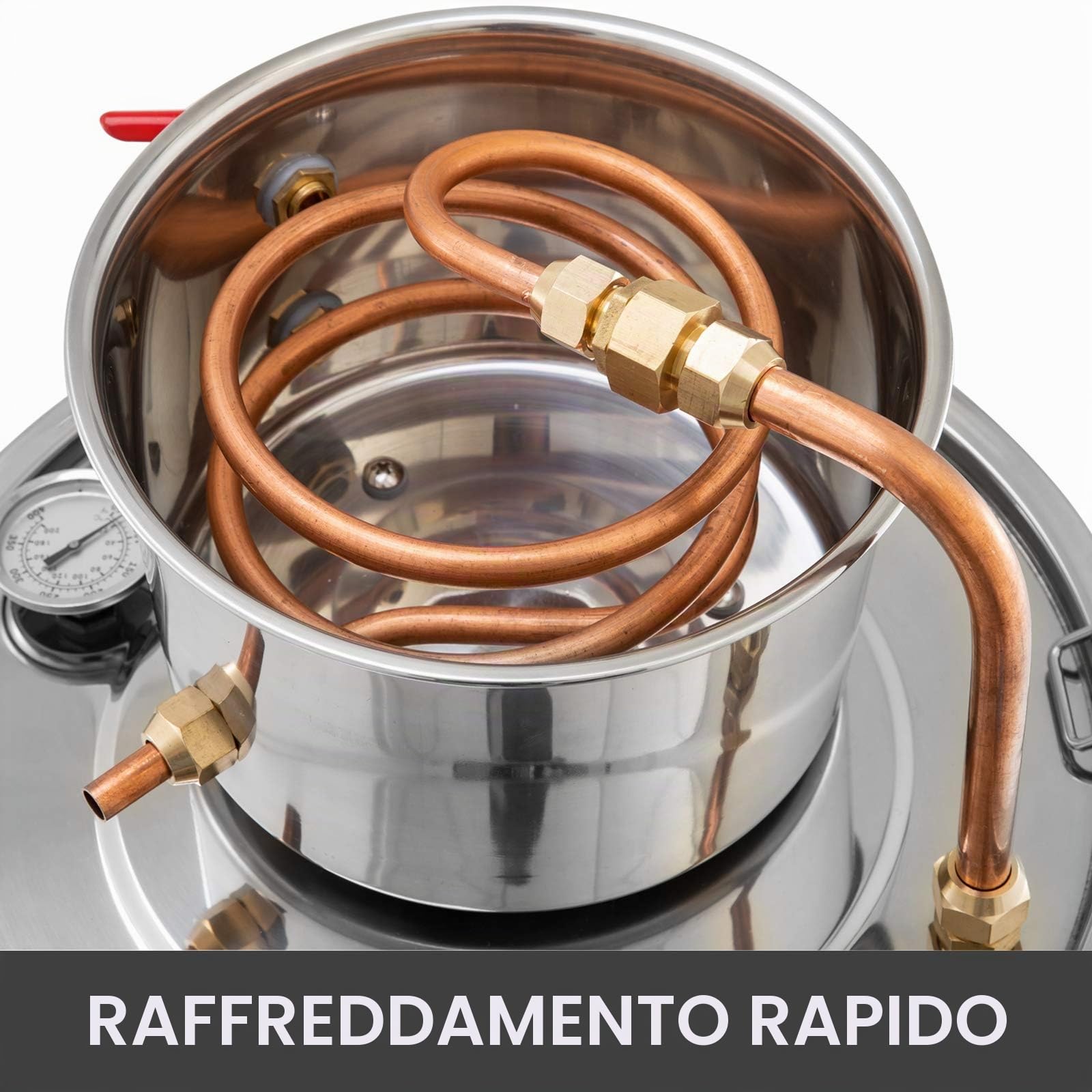 VEVOR La Caldaia per Acqua Distillata 3 Gal, La Caldaia per Acqua al Chiaro di Luna, per Acqua Distillata, Distillatore d'Acqua Alcolica, Distillazione del Vino 3 Gal, Acciaio(argento) e Rame Rosso