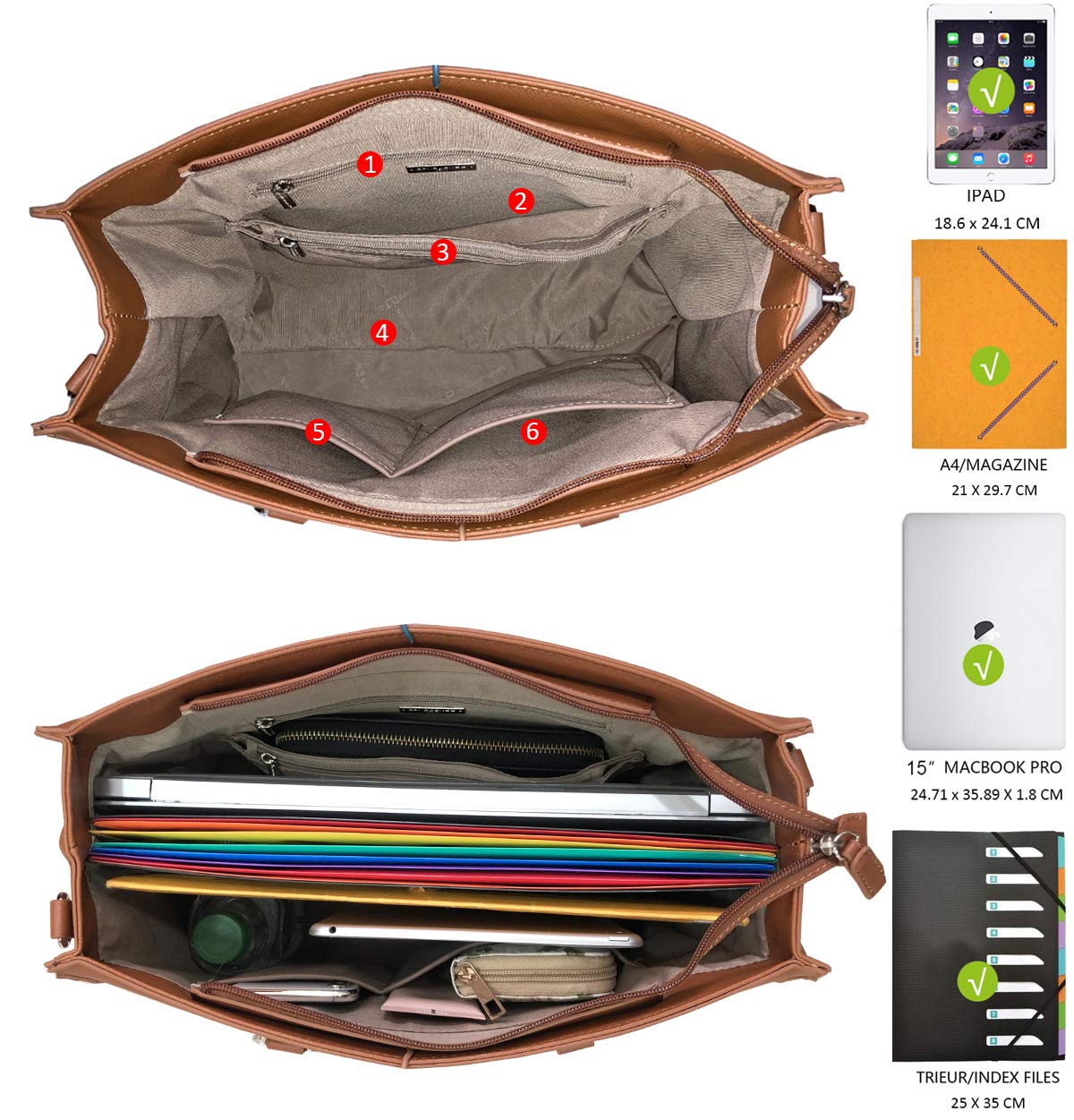 David Jones - Bolso de Mano Trabajo Mujer - Shopper Universidad Tote Bag Cuero PU - Grande Bolso Bandolera Hombro Cuero Impermeable - Ordenador Portatil 15.6 Pulgadas Escuela Oficina - Marrón
