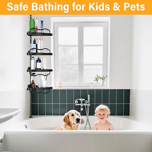 Miniatura 7 de Barra de tensión de esquina negra para regadera, organizador de ducha de acero inoxidable resistente con 4 estantes ajustables, sin taladros, para