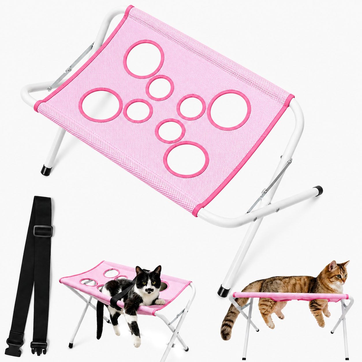 Pet Grooming Hammock with Stand Iron Tube Frame Mesh Bath Support Rectangular Wash Station,with Eight Holes,Breathable,Mesh Grooming Table with Safety Strap for Nail Trimming,Bathing,&Pet Care