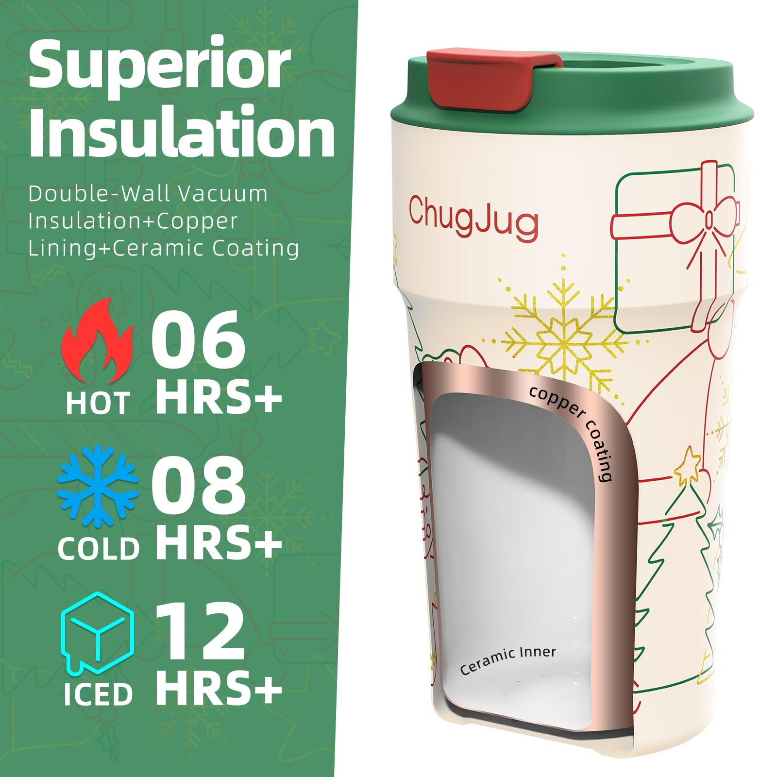Taza de café de viaje de Navidad de 16 onzas con revestimiento de cerámica, tazas de café aisladas a prueba de fugas con tapa, vaso de café de acero inoxidable al vacío, taza reutilizable para