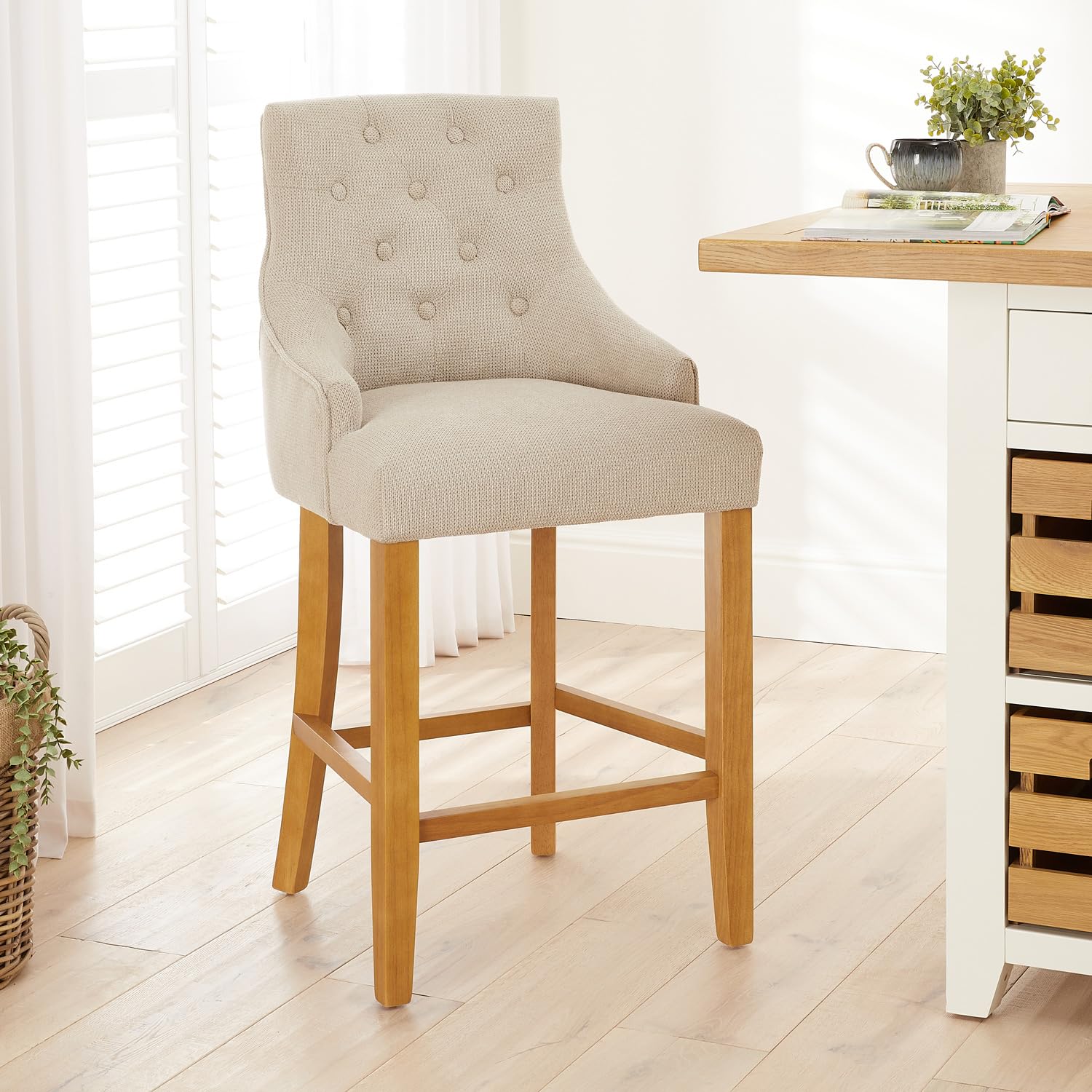 The Furniture Market Luxury Natural Oatmeal Fabric Scoop Back Kitchen Counter Bar Stool | Quilted Button Back | Stud Detailing | Solid Wood Frame | H 1050mm x W 520mm x D 560mm