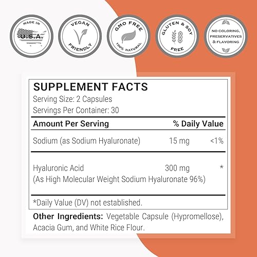 Miniatura 4 de Supersmart Hyaluronic Acid Supplement 300mg per Day (Sodium Hyaluronate) - High Molecular Weight 1.2 Million Daltons | Non-GMO & Gluten Free - 60