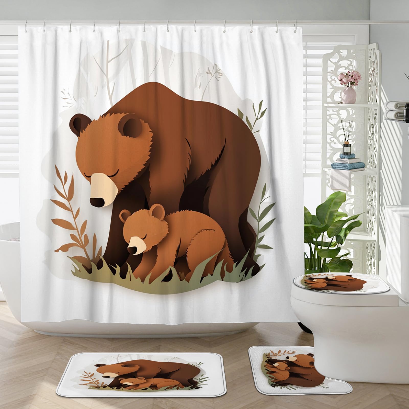 4PCS Novelty Cute Bears Bathroom Accessory Sets with Non-Slip Rug, U Shape and Toilet Lid Cover Mat, Funny Kid Hunting Bathroom Fabric Decor-72''x72''