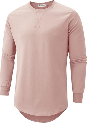 KLIEGOU Mens 100% Cotton Longline T-Shirt, Long Sleeve Pink M