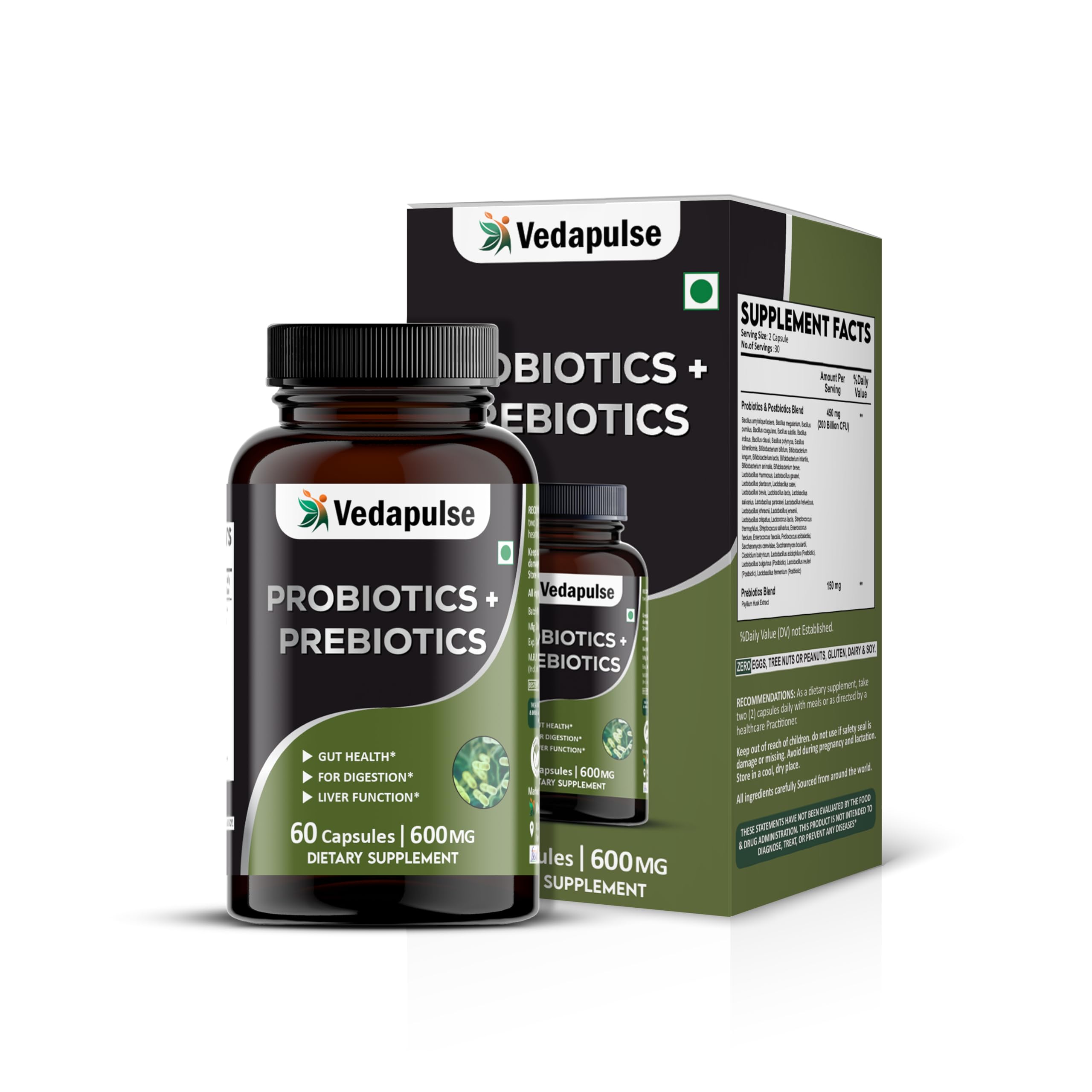 Vedapulse Probiotics & Prebiotics & Postbiotics | 200 Billion CFU | With Psyllium Husk | Supports Digestion, Gut Health & Liver Function | 60 Capsules