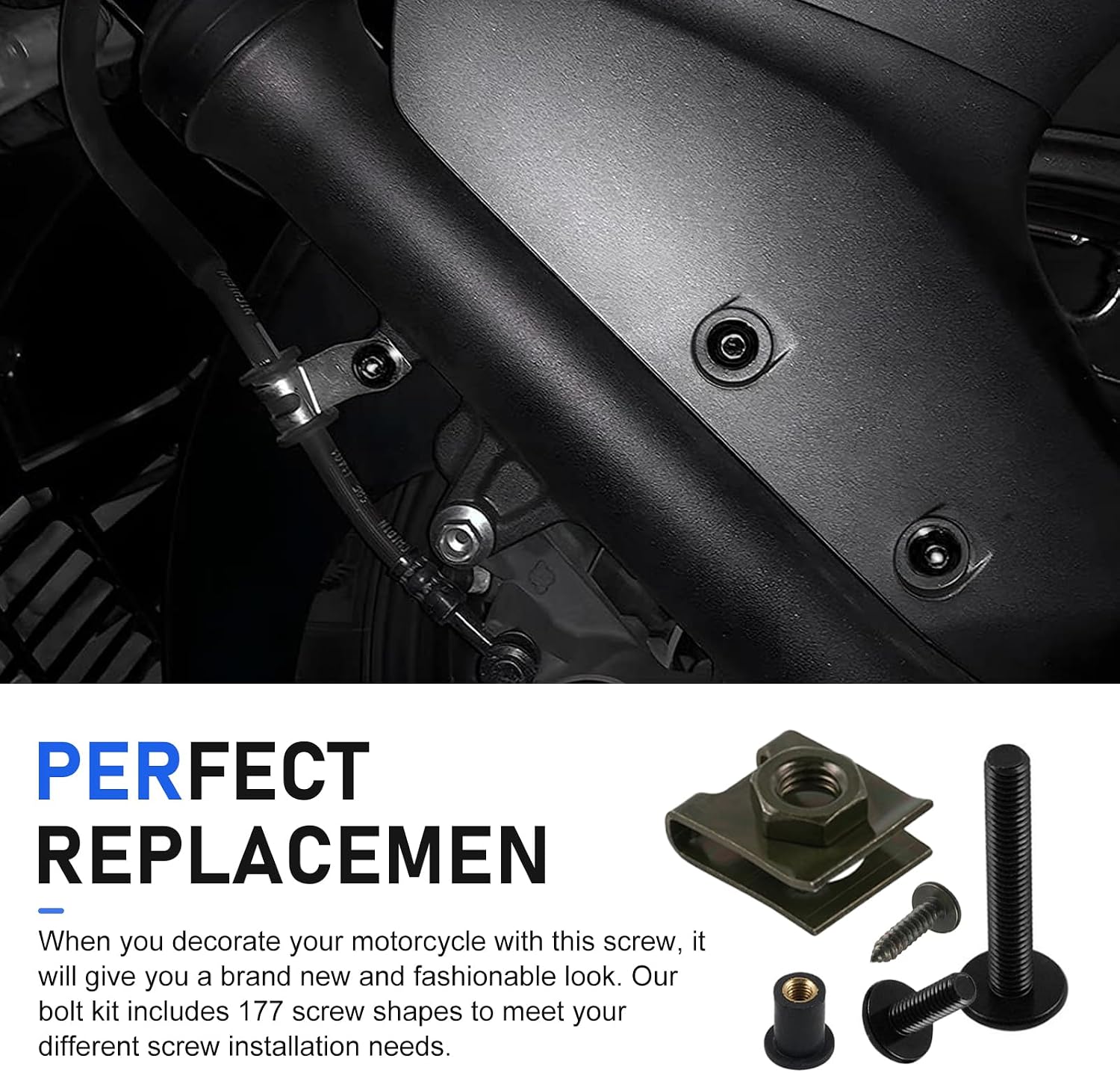 177 PCS Motorcycle Fairing Bolt Kit, M5 M6 Alloy Motorbike Windscreen Screws, Rust-Proof Bolts Nut Clips Assortment Set, Universal for Most Motorcycles (Black)