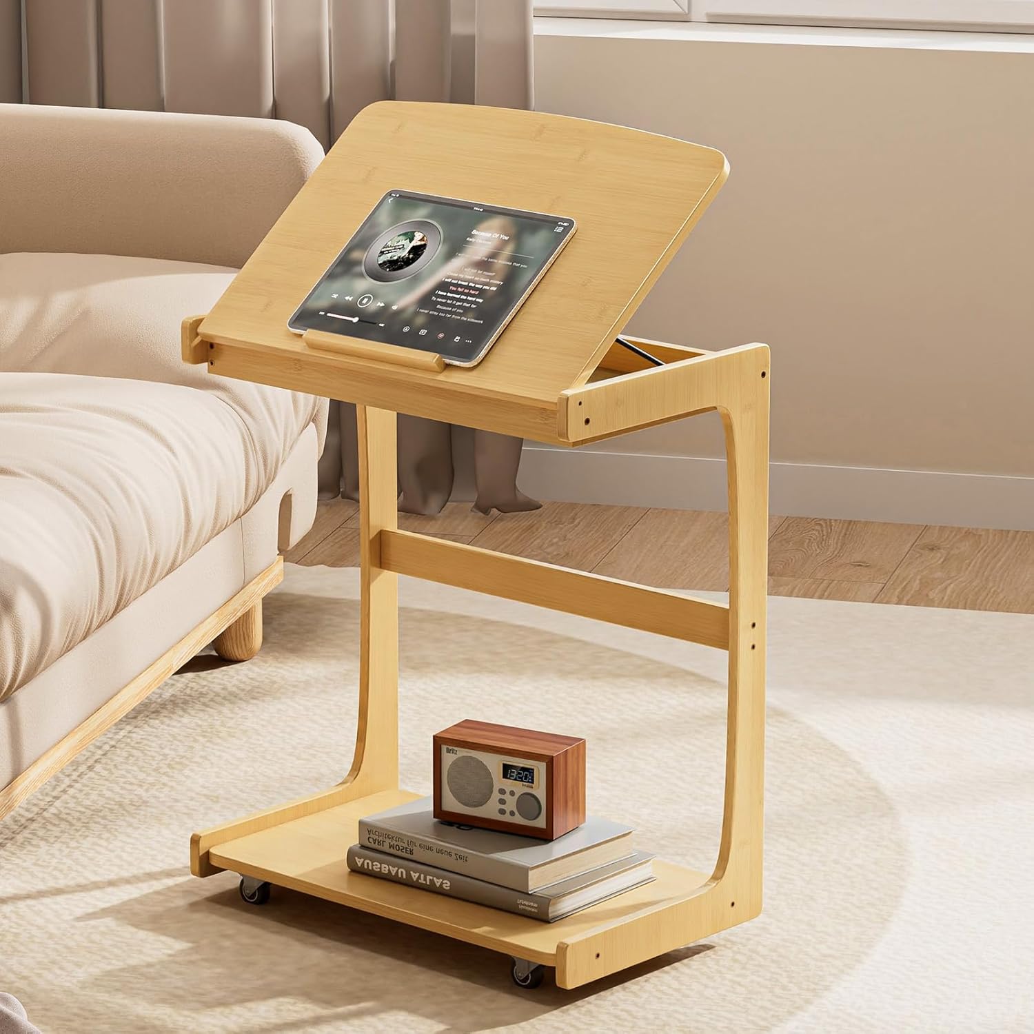 C Shaped Side Table, Rolling Bamboo End Table with Adjustable Tilt Top & Storage Shelf, Small Couch Table with Wheels for Living Room, Bedroom, Natural