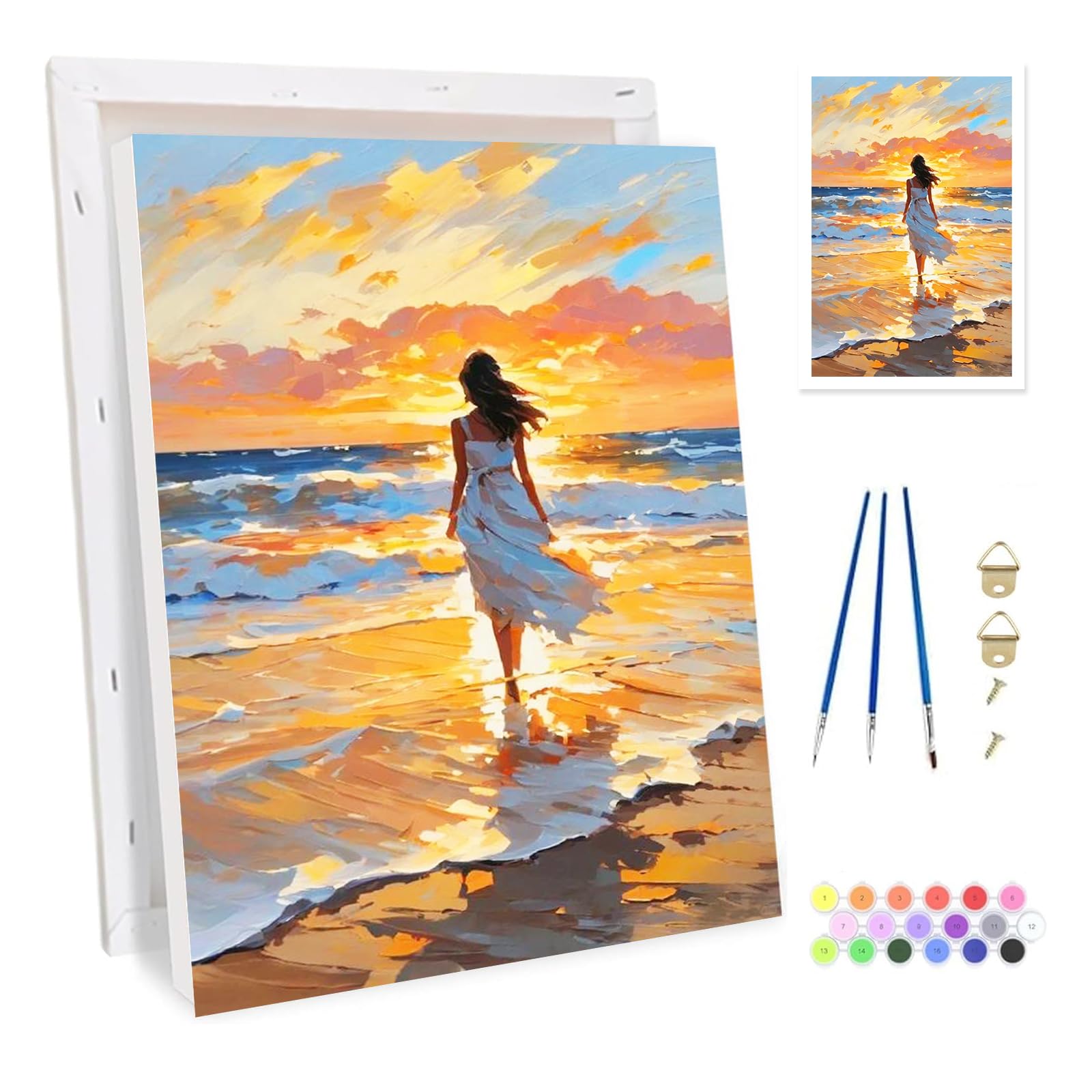 Bowetile Framed Elegant Woman Paint by Numbers for Adults, Beach Painting by Numbers Kit for Adults Beginners Canvas Kit, DIY Color Oil Painting Acrylic Paints for Home Wall Decor 20x30cm