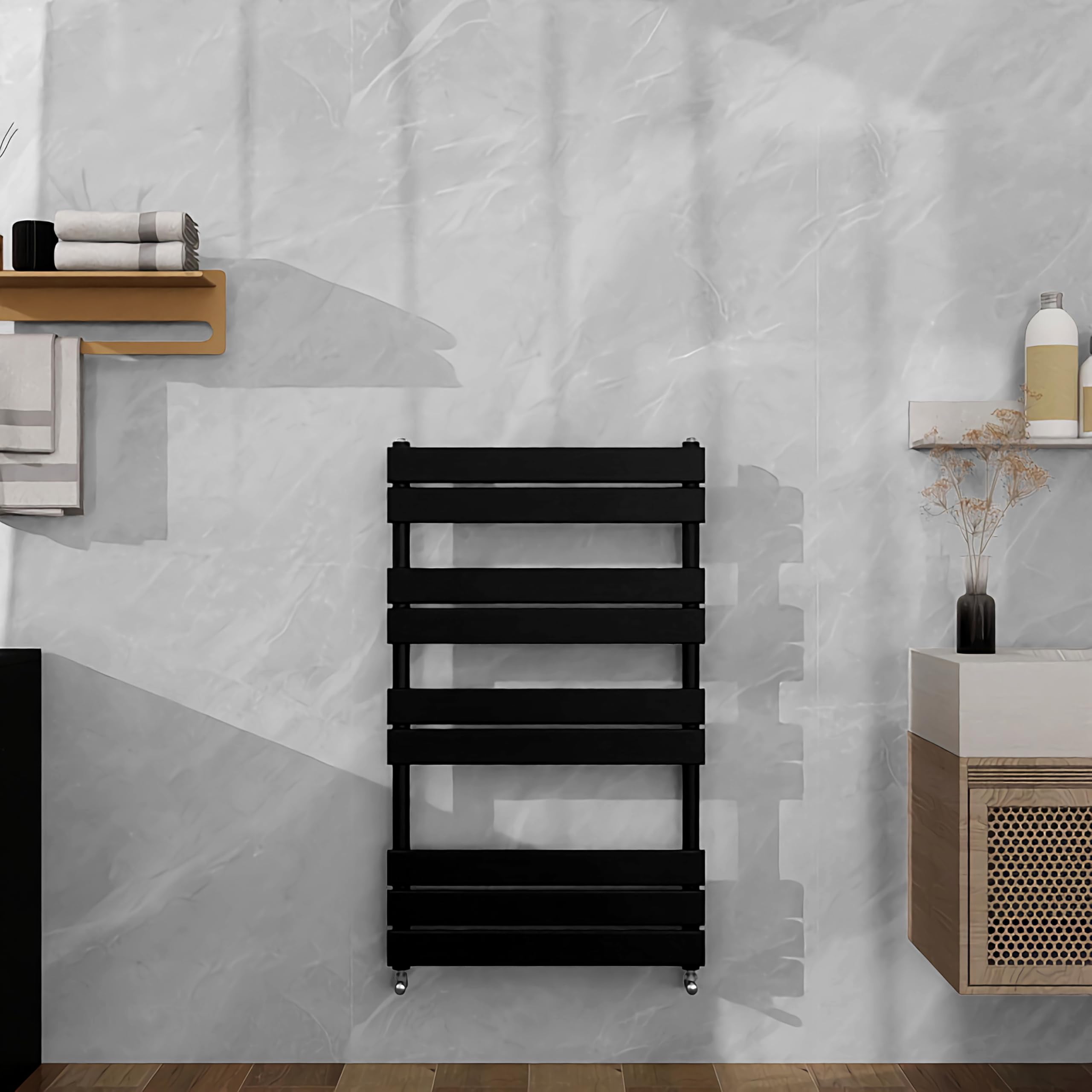 SLINE SANITARY 1000x600mm Black Heated Towel Rail Flat Panel Bathroom Central Heating Ladder Radiator