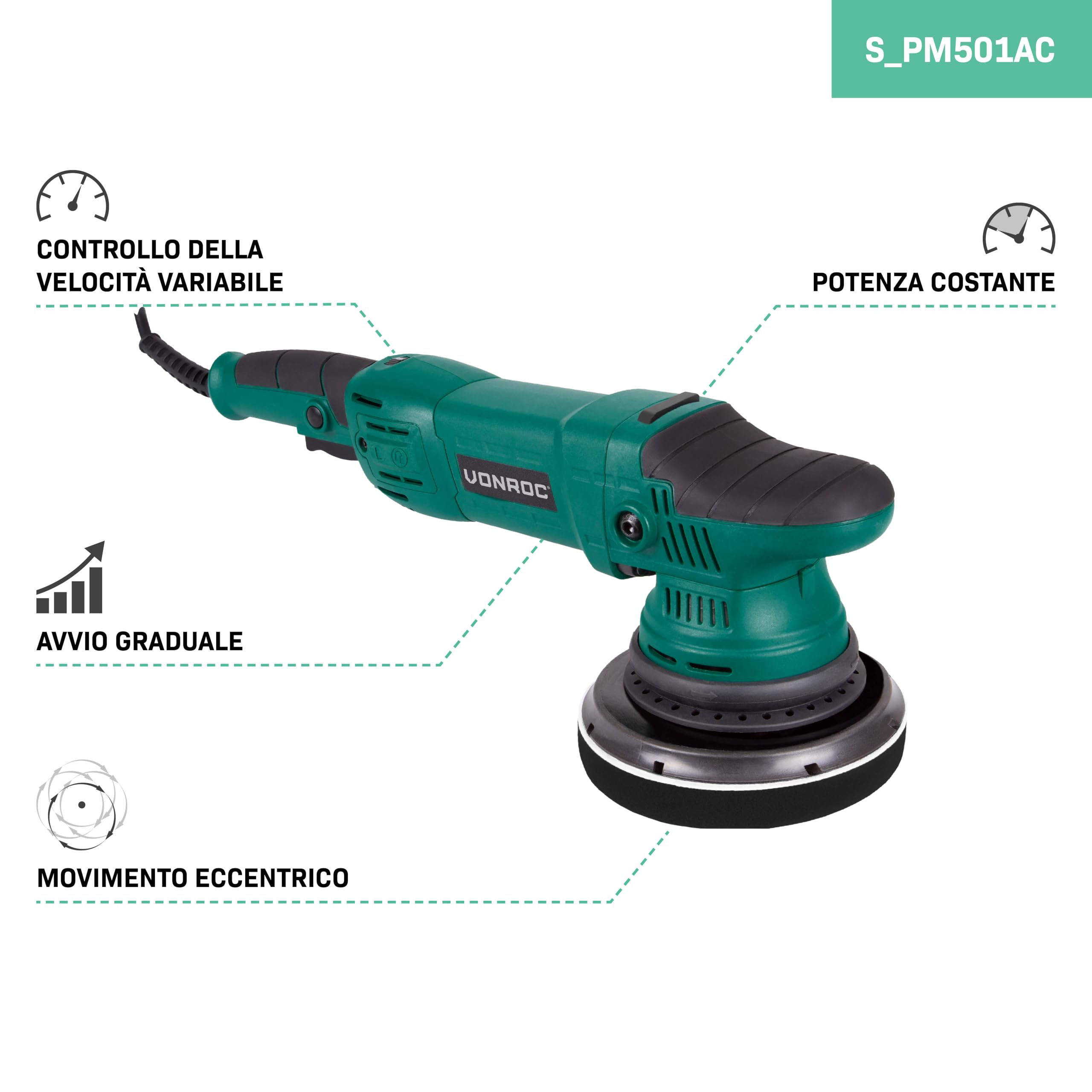 VONROC Lucidatrice Auto 1050W, Orbitale Doppia Azione 21mm, Velocità Variabile 1400–4800 RPM, Disco 150mm con Velcro, Soft Start, Cavo 4m – Per Lucidatura Auto, Barca e Rimozione Graffi - Con 4 dischi