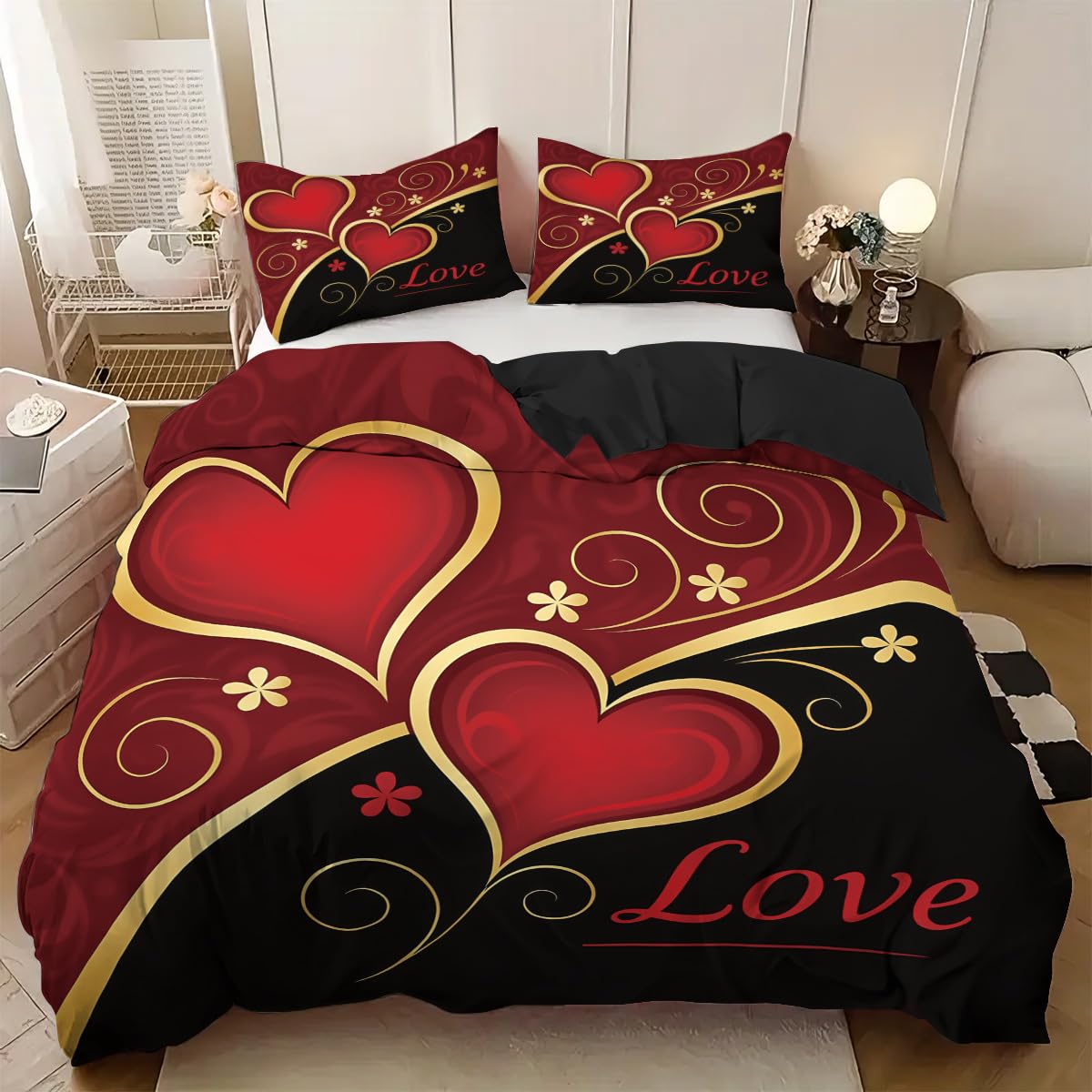 Parure de lit 140x200 patchwork rouge et noir pour créer une ambiance florale moderne