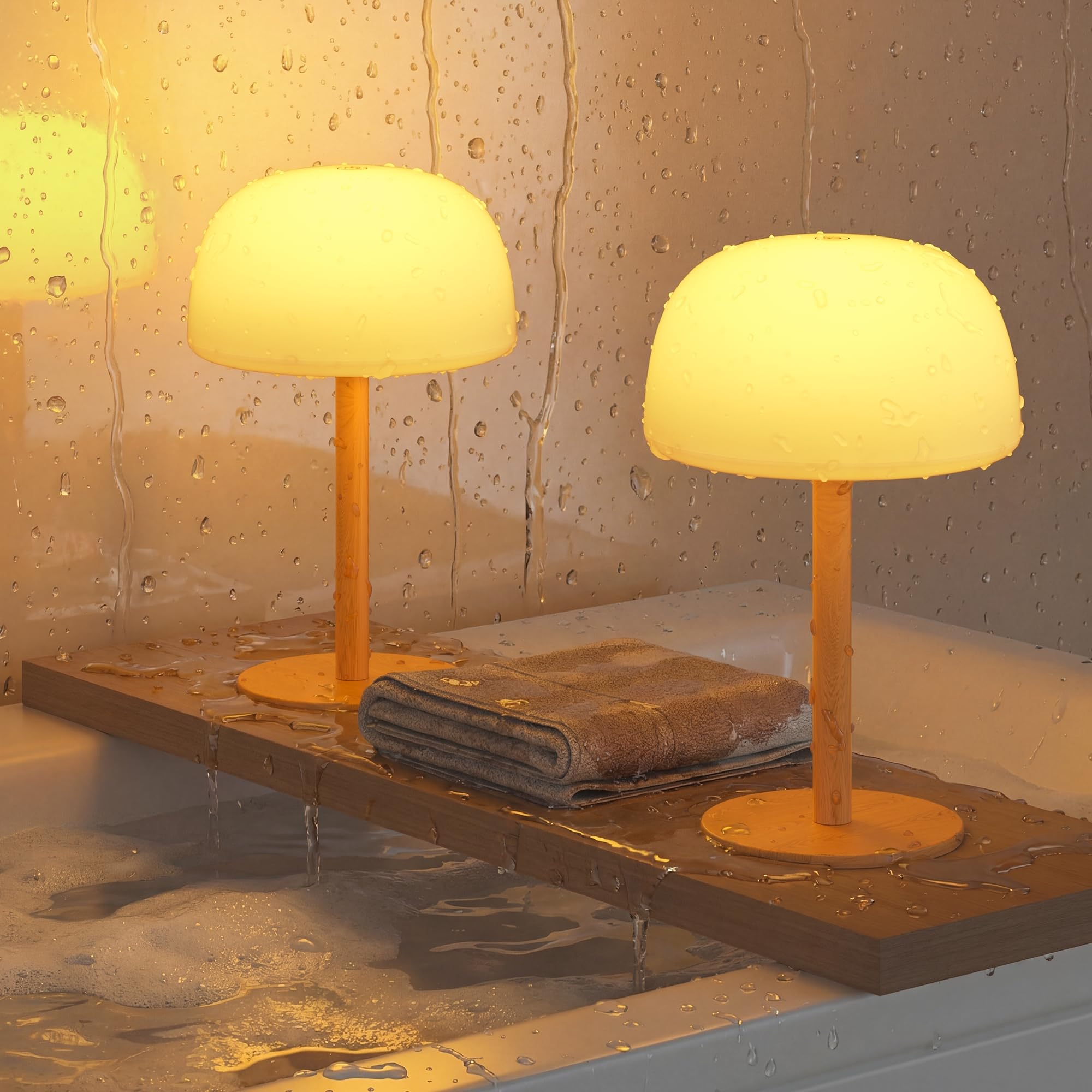 FULNIX Shower Lamp Waterproof IP65 Bathroom Light, 7500mAh Rechargeable Table Lamp, Long-Lasting Battery, 15 RGB Colors, Cordless Stepless Dimming Bedside Lamps for Bedroom, Bathtub Spa, Outdoor, 2p