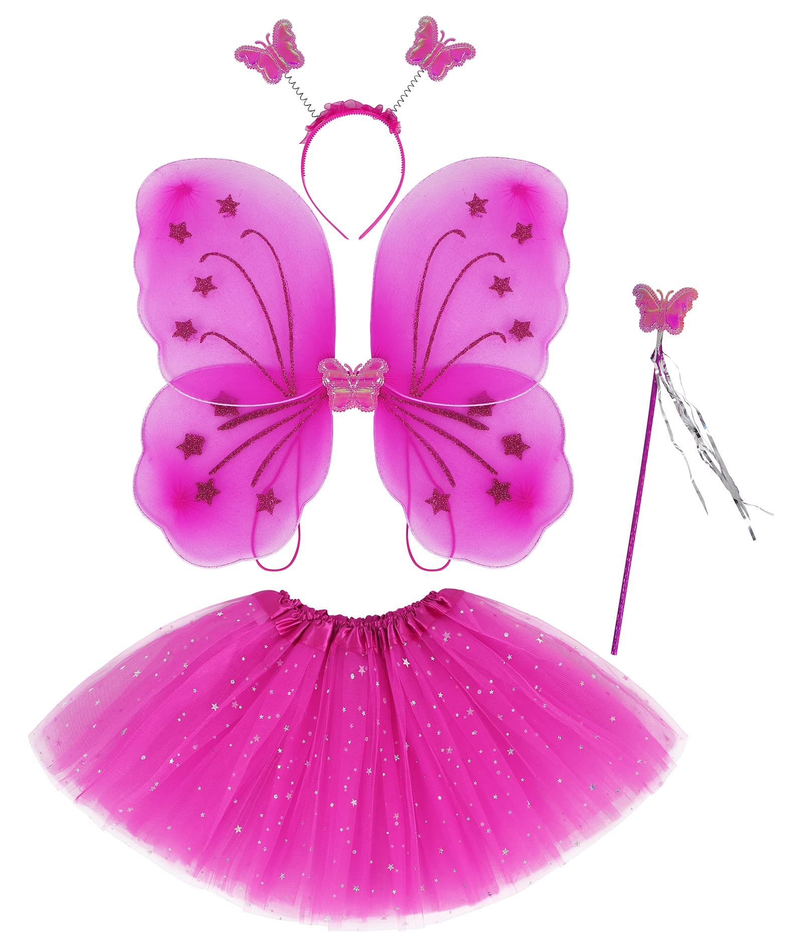 AmzBarley Toddler Girls Fairy Costume Princess Fancy Tutu Dress Up Set with Butterfly Wing + Headband + Wand for Kids Halloween Birthday Party