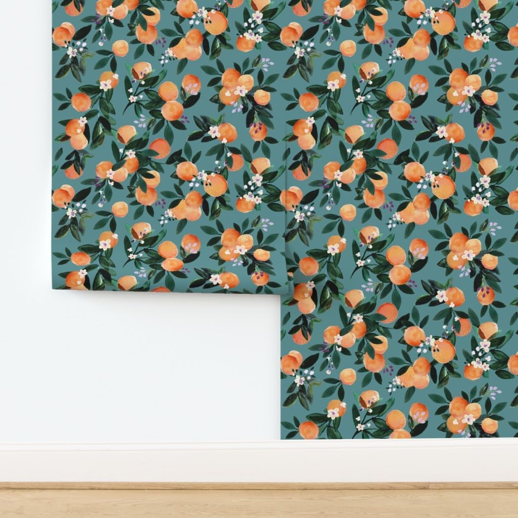 Peel & Stick Wallpaper 3ft x 2ft - Clementine Oranges Teal Flowers Orange Citrus Fashion Pretty Custom Removable Wallpaper by Spoonflower