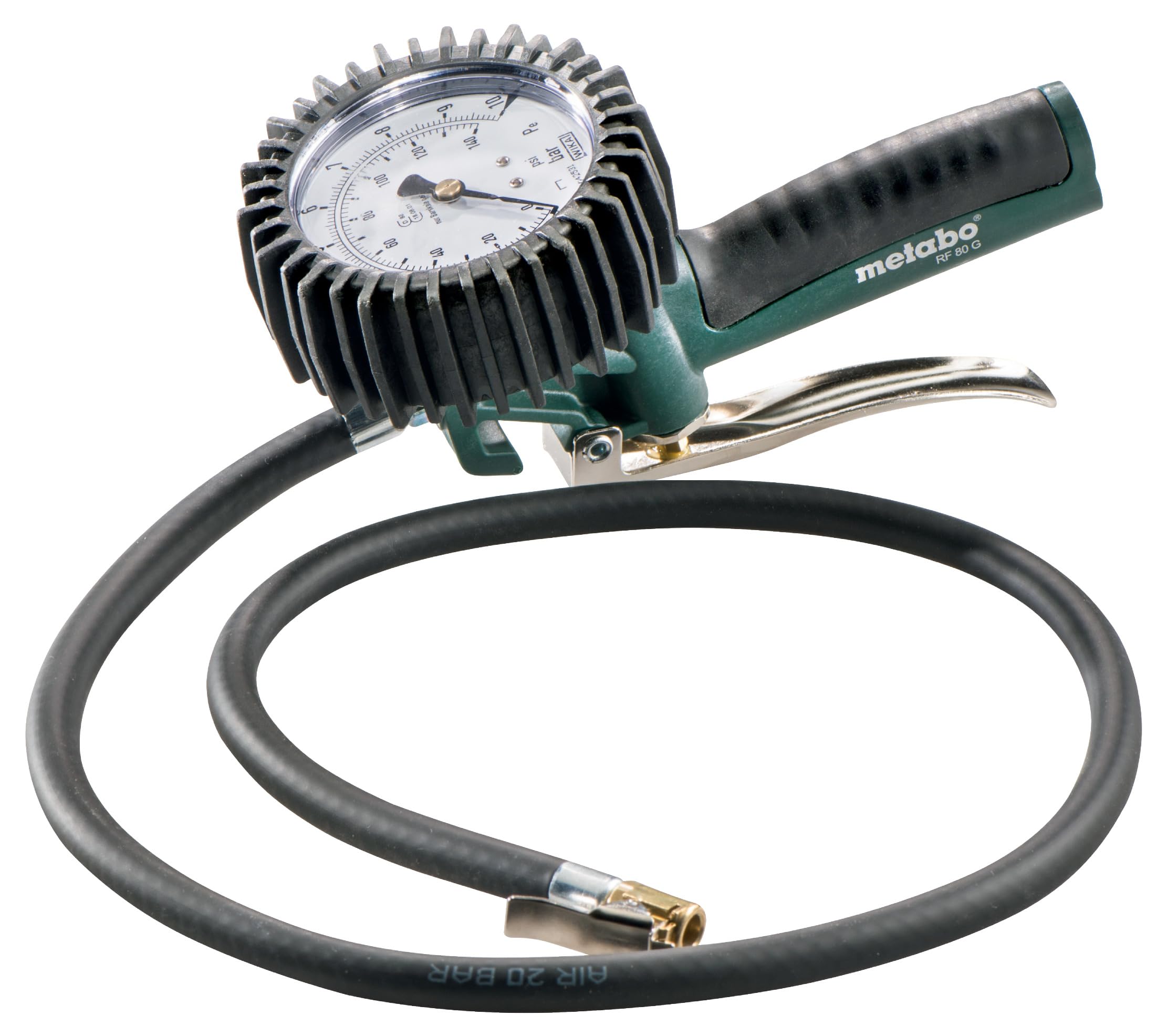 metabo RF 80 G Druckluft-Reifenfüllmessgerät, 0,5-12 bar, Geeicht, 100 cm | Großes 80 mm Manometer mit Gummischutz, Inkl. Momentstecker, Stecknippel, Composite-Gehäuse, Profi Druckluftzubehör Set