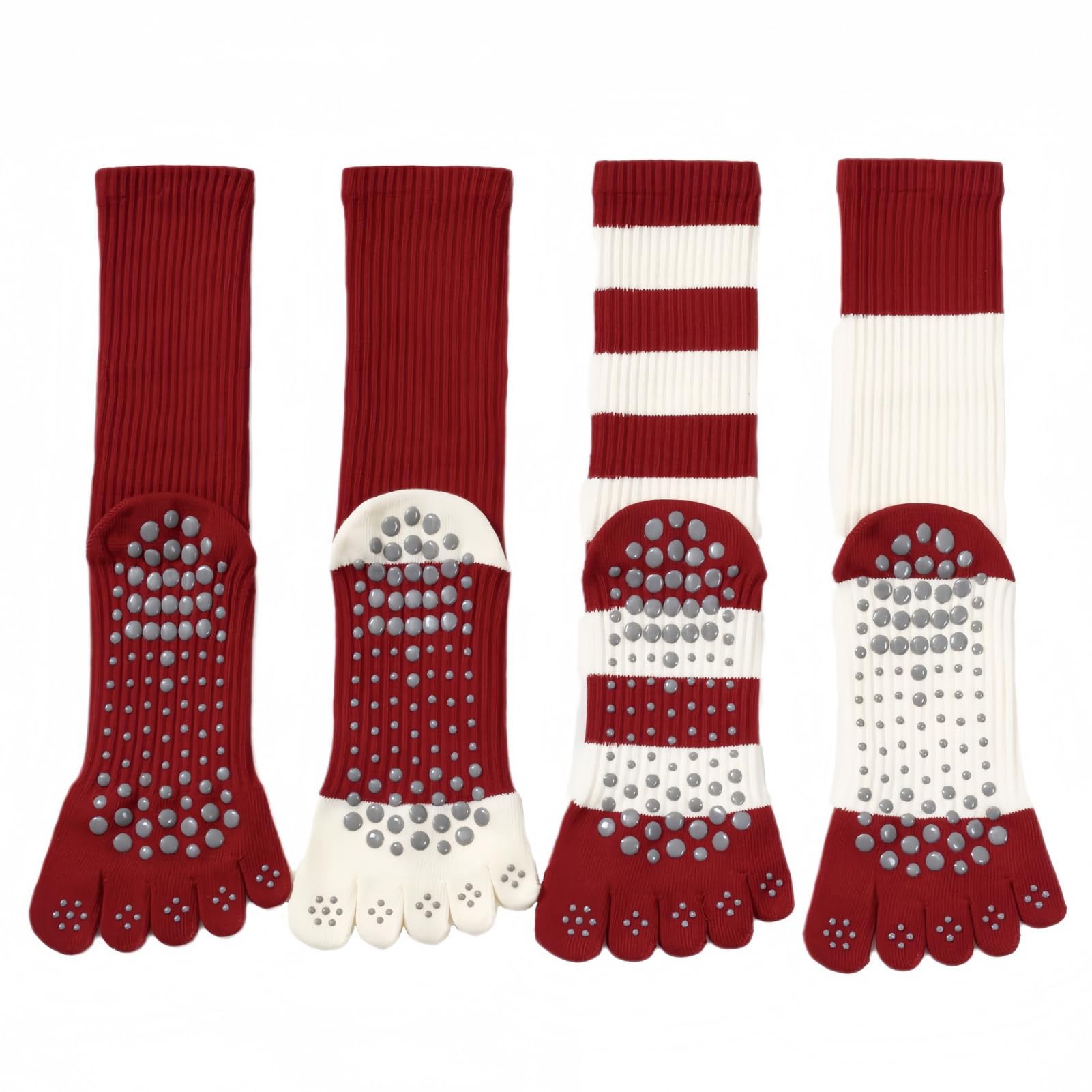 4 Paar rote Yoga-Socken für Damen, mittlere Wadenhöhe, rutschfest, 5 Zehen, mittlere Polsterung, Baumwolle, gepunktete Gummisohle, für Pilates, Tanz, Barre, Fitnessstudio, Mädchen, Barfuß