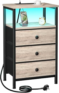 LOAKEKEL Bedside Table with Charging Station, Side Table with 3 Drawers