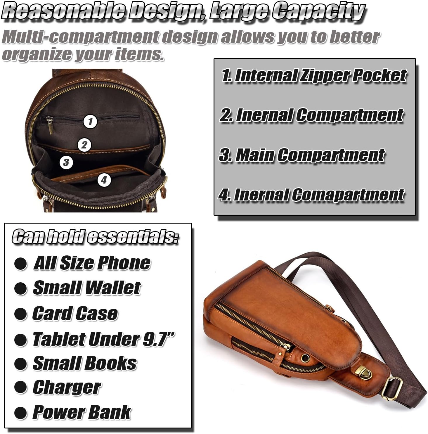 Vintage Sling Backpack for Men Genuine Leather Crossbody Bags Multi-purpose Chest Bag Travel Daypack for 9.7" iPad