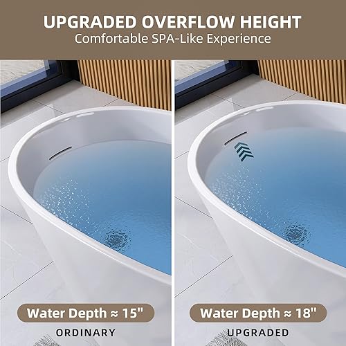 Miniatura 5 de GETPRO Bañera de pie independiente de acrílico de 67 pulgadas, bañera independiente de forma ovalada, bañera ajustable sola con desbordamiento