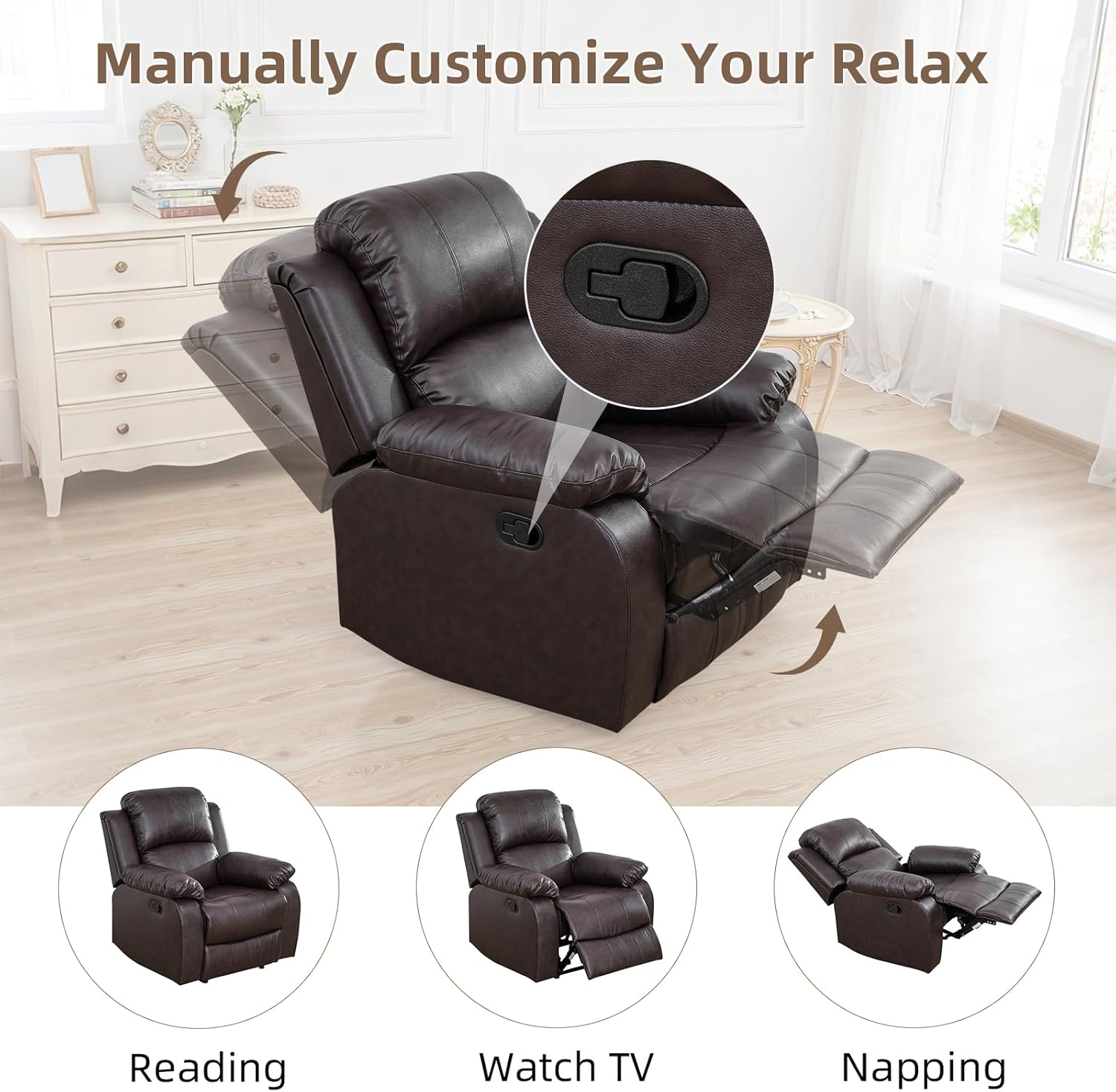 Single Manual Leather Recliner Chair, Living Room Furniture Reclining Couch Seat with Side Pockets, Swivel Rocker for Home or Office,Brown