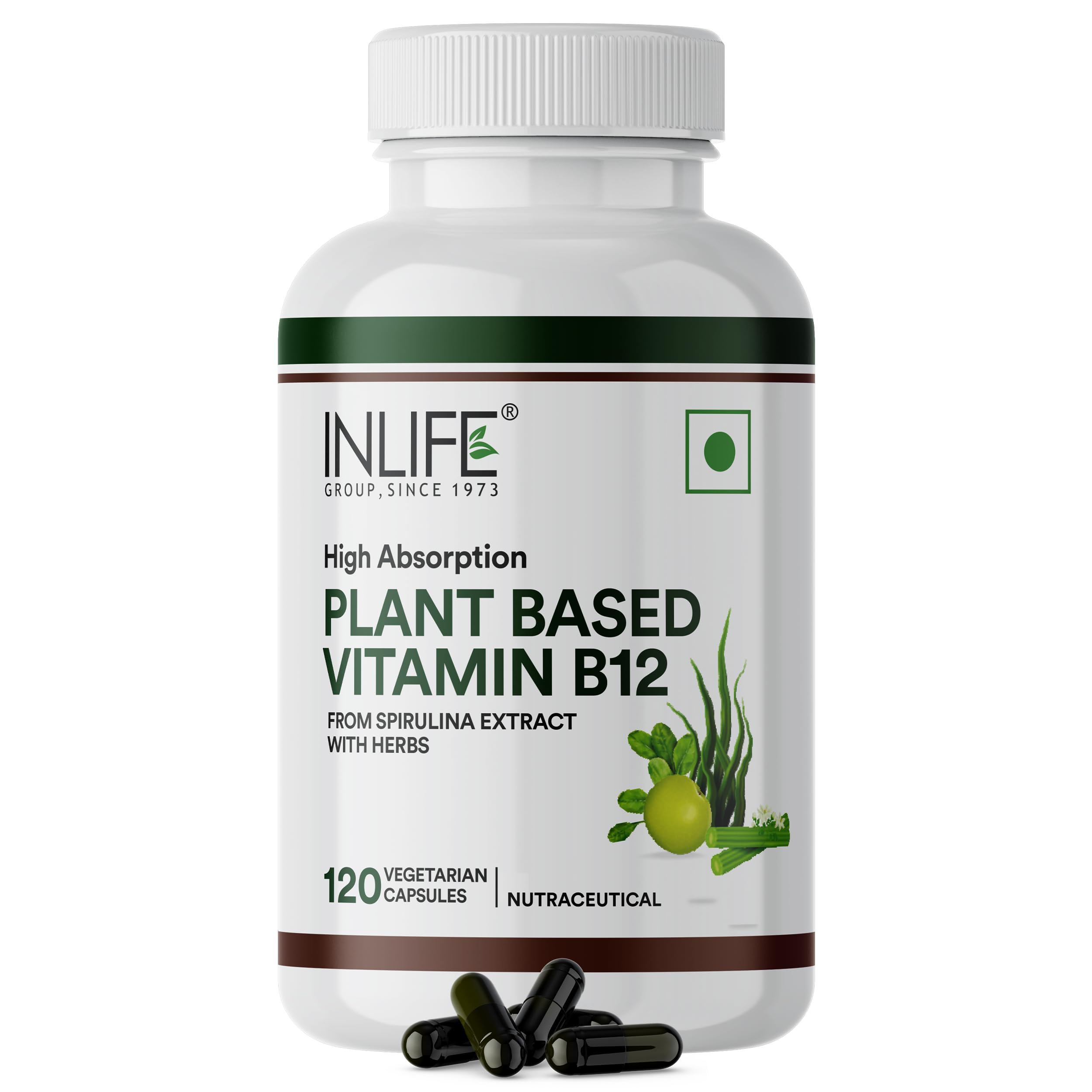 INLIFE Plant Based Vitamin B12 from Spirulina, Moringa Amla Alfalfa Wheat Grass Superfoods, Energy Nerve & Brain Health, Men Women, 120 Veg Capsules (Pack of 1, 120)